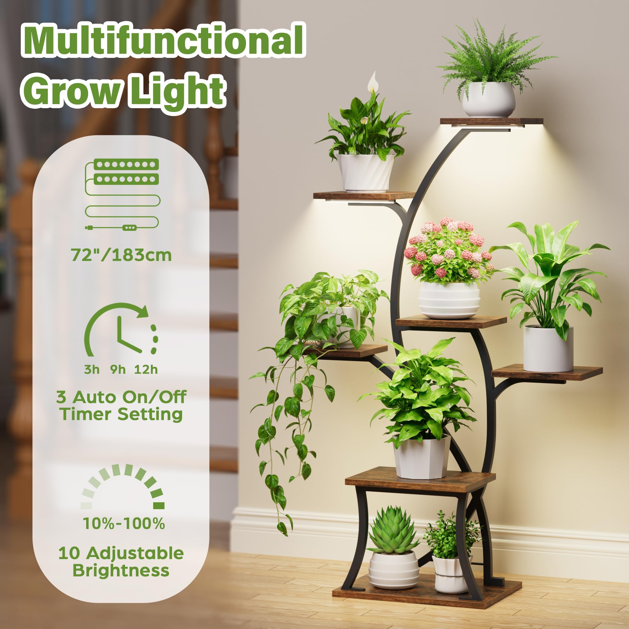 BACEKOLL Pflanzenständer mit Wachstumslicht - 7 Ebenen Blumenständer 112cm Metall Holz Pflanzenregal - Innen & Außen Blumentreppe - Dekoratives Schwarz Blumenregal für Innen Garten Balkon