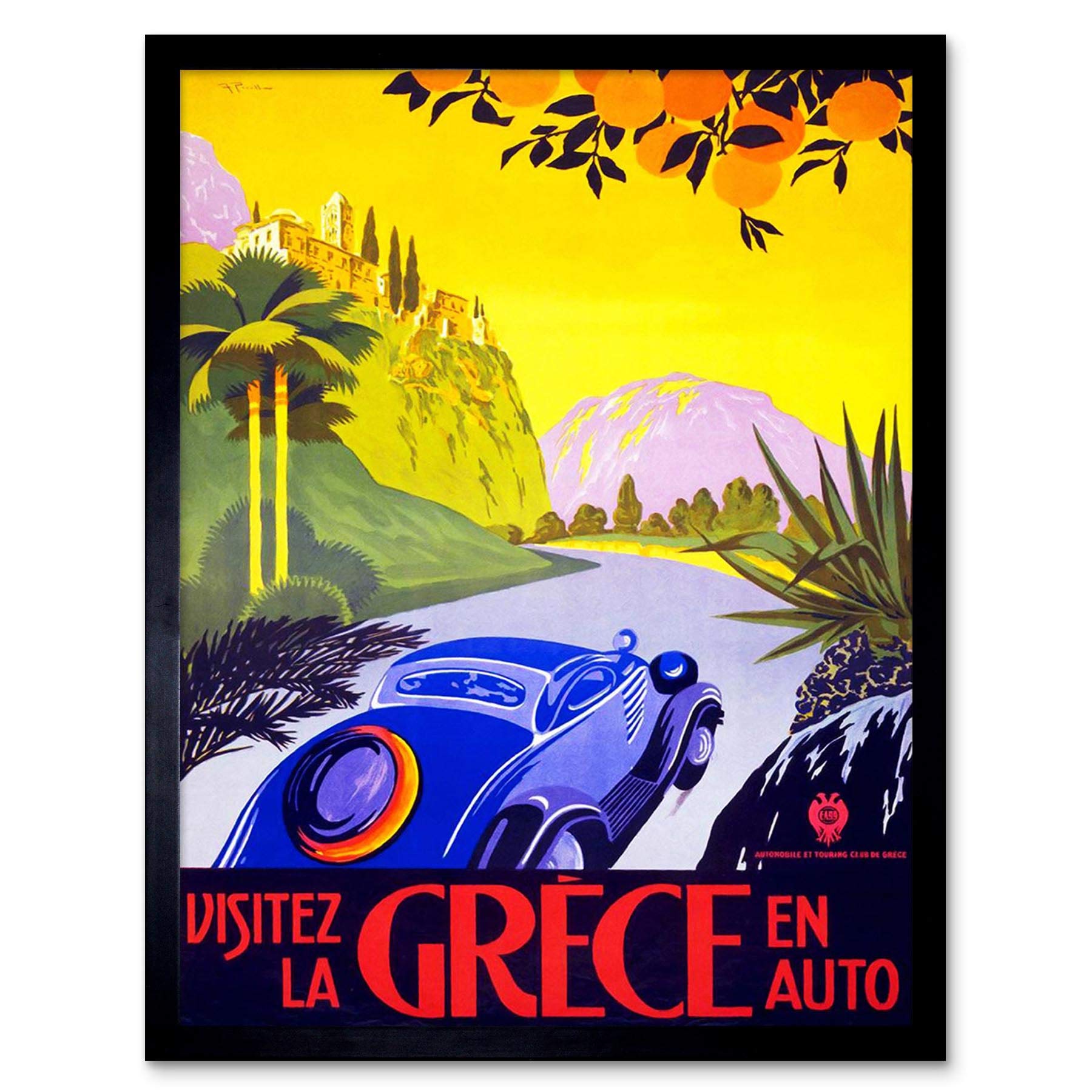 Wee Blue Coo Travel Visit Greece By Car Sun France Vintage Art Print Framed Poster Wall Decor 12X16 Inch