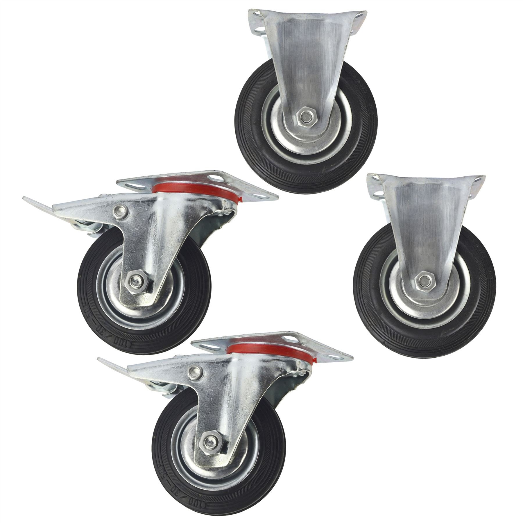 4"" (100mm) Rubber Fixed and Swivel With Brake Castor Wheels (4 Pack) CST03_05