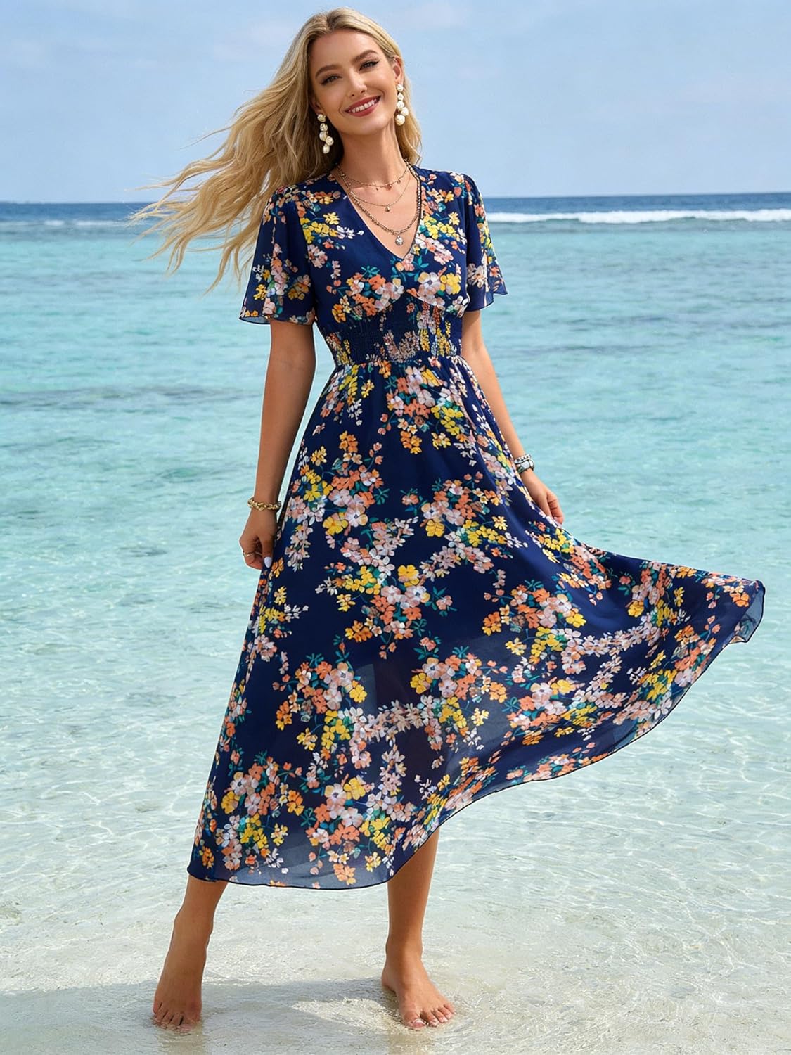 Krumba Women Floral Boho Dress: Summer Ruched Maxi for Wedding Guest - Casual V-Neck Short Sleeve Midi for Beach Party Church - Image 2