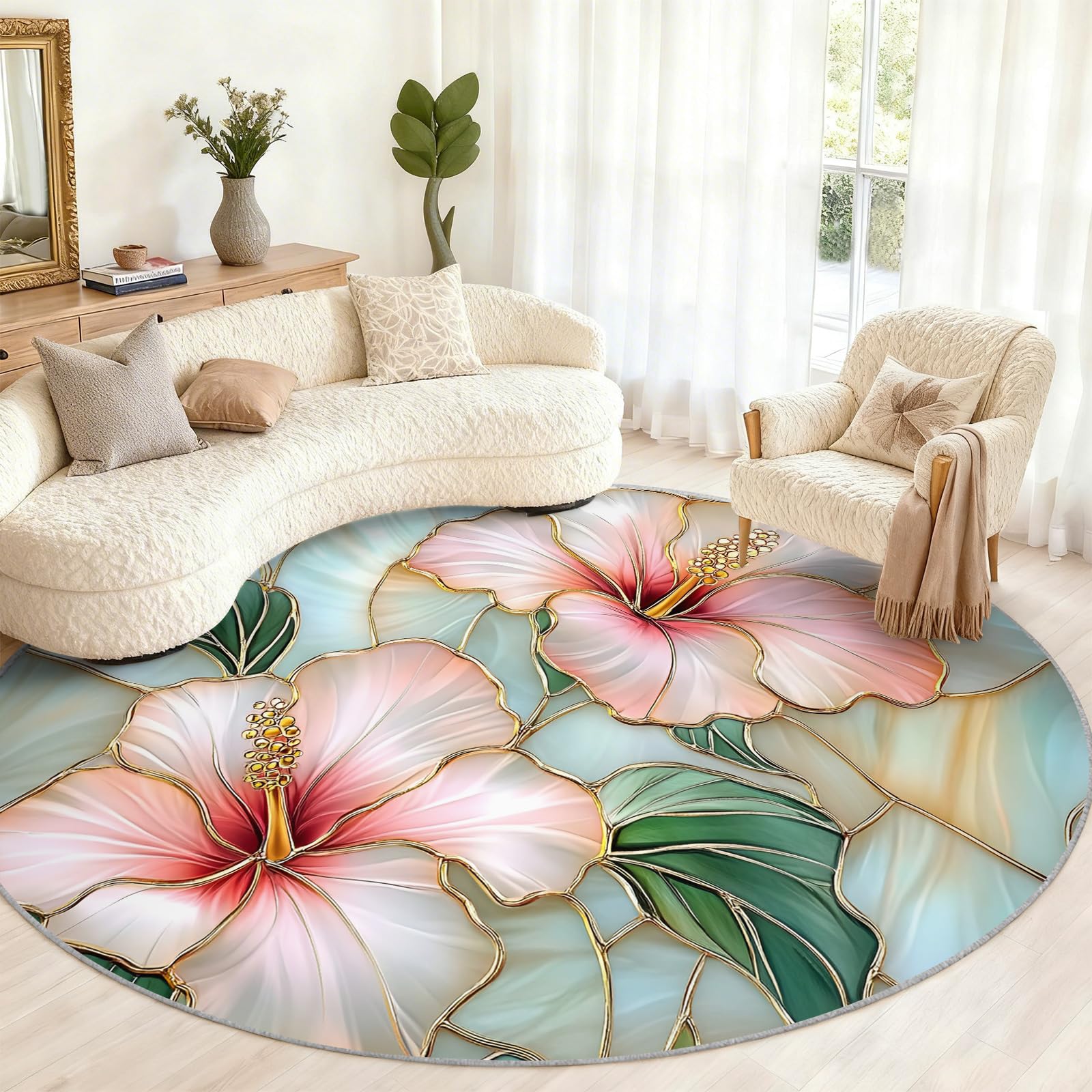 Grand tapis rond de 240 cm antidérapant avec motif floral abstrait pour salon