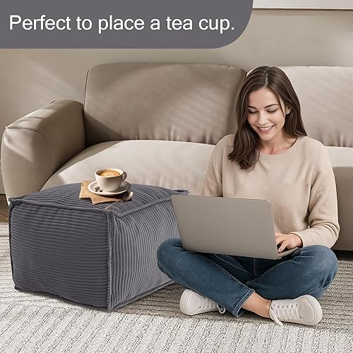 Miniatura 5 de MeMoreCool Puf Otomano Cuadrado Acolchado Reposapiés, Puf de Piso de Pana Taburete Reposapiés con Relleno de Trozos de Espuma, Otomano Acolchado
