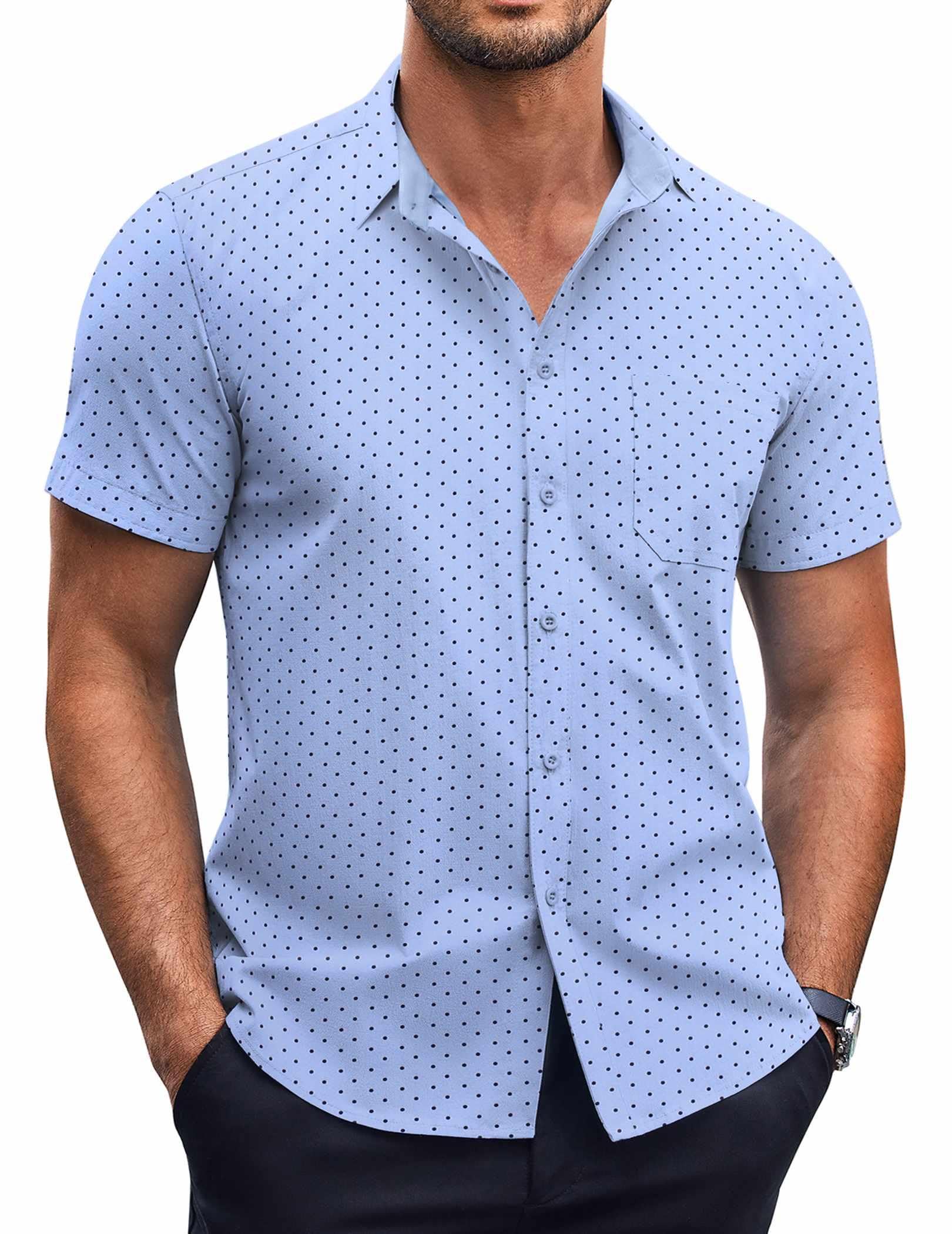 COOFANDY Mens Short Sleeve Button Down Shirts Wrinkle Free Dress Shirts Casual Polka Dot Print Shirt with Pocket