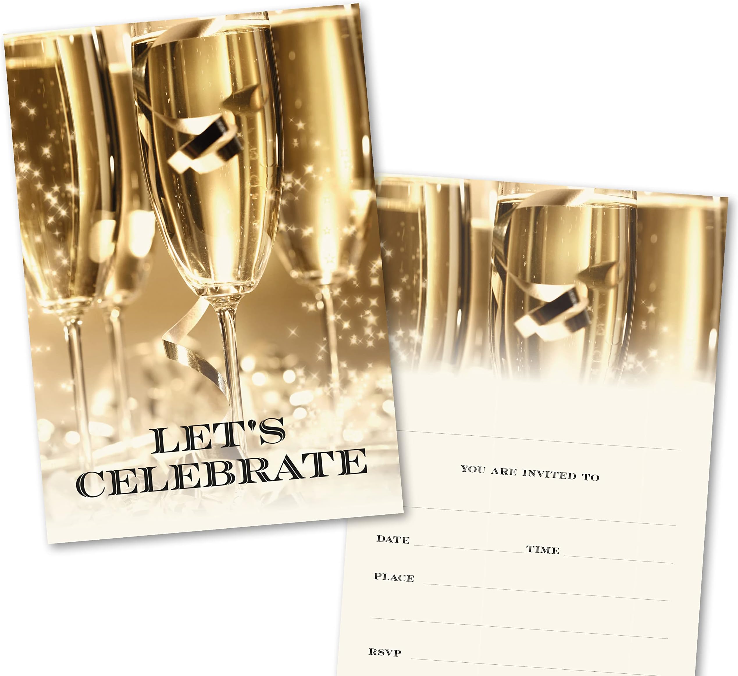 Party Invitations Pack of 36. Champagne Themed Invitation with Matching envelopes. 120 x 172mm. Party Invites, Birthday Party Invitations. Designed and Printed in UK.