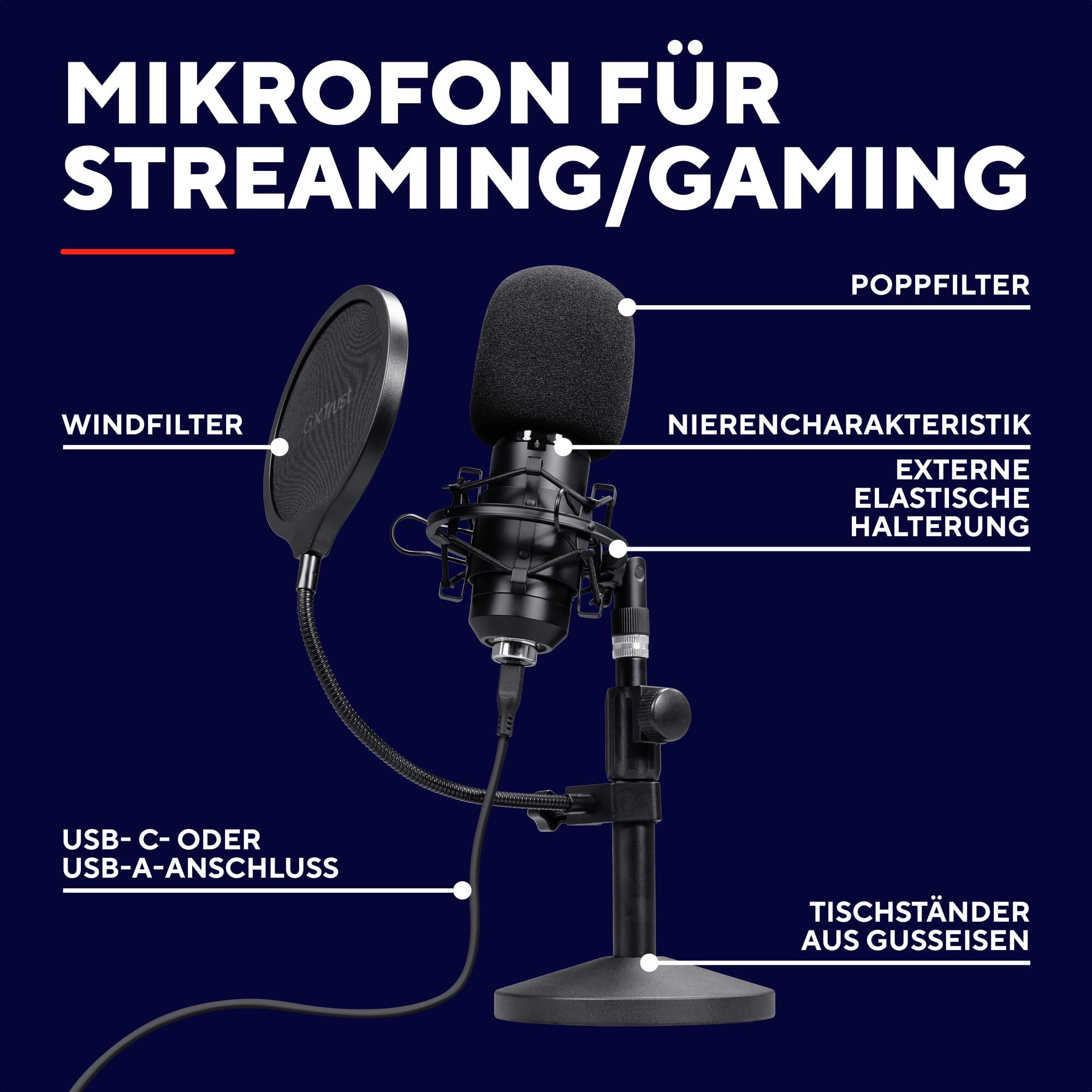 GXTrust Emita II Mikrofon mit Verstellbarer Mic Ständer, Schwarz | Windfilter, Popfilter, USB Mikrofon mit Nierencharakteristik, 192 kHz für PC PS4 PS5, Streaming Studio Podcast Gaming