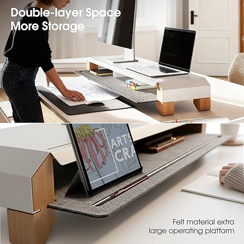 Miniatura 3 de Fenge Soporte de monitor para escritorio, elevador de monitor doble de 39 pulgadas para 2 monitores, estante de escritorio de madera maciza con