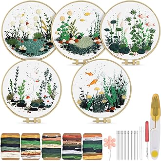 TINDTOP 5 Pack Embroidery Kit for Adult Beginners, Embroidery DIY Starter Kit, with Fish World Stamped Patterns, Hoop, Tools, Colorful Threads with Needles, Instructions