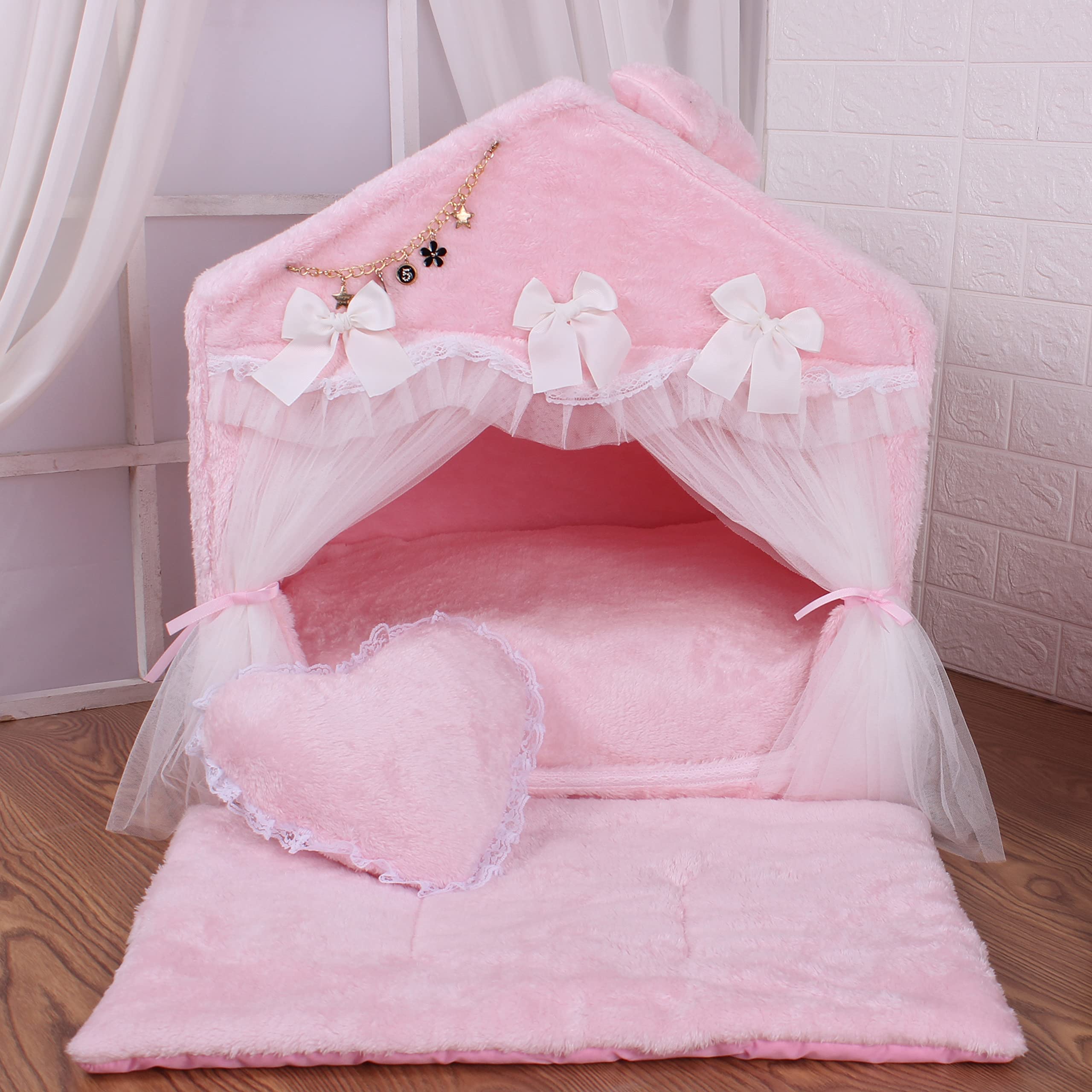 Casetta deluxe per cani, gatti, cuccioli, gattini, per interni, soffice, invernale, calda e accogliente, in pile di velluto (S: 48 x 38 x 50 cm, rosa principessa)