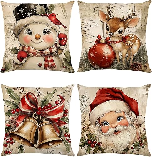 Juego de 4 fundas de almohada de Navidad de 18 x 18 pulgadas, fundas de almohada de lino vintage, muñeco de nieve y ciervo, funda de almohada