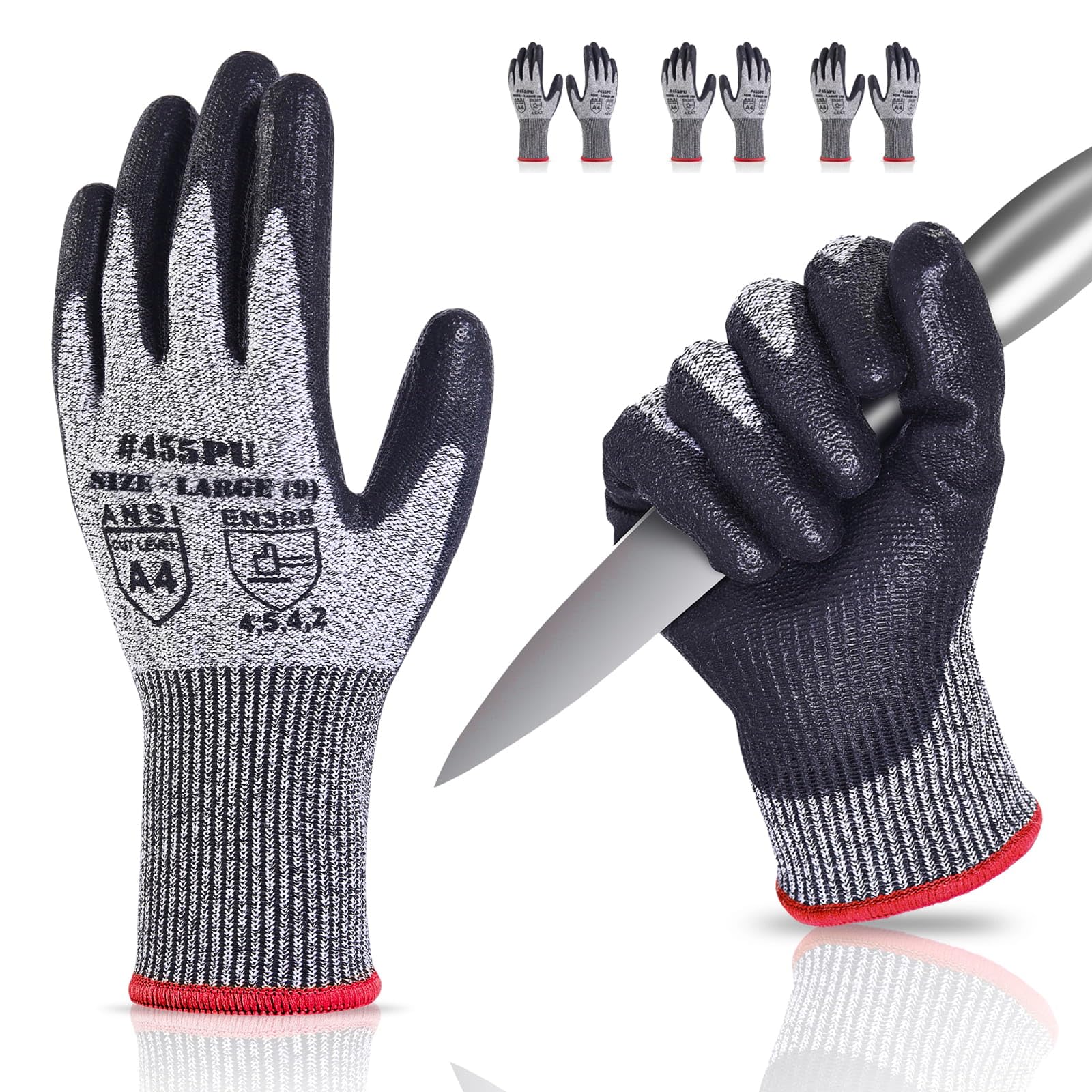 Donfri Cut Resistant Gloves High Performance Level 5 Protection Safety Work Gloves for Men Comfortable PU Coated Palm Cut Proof Gloves Gardening Food Grade Non-slip Machine Washable (L,3)