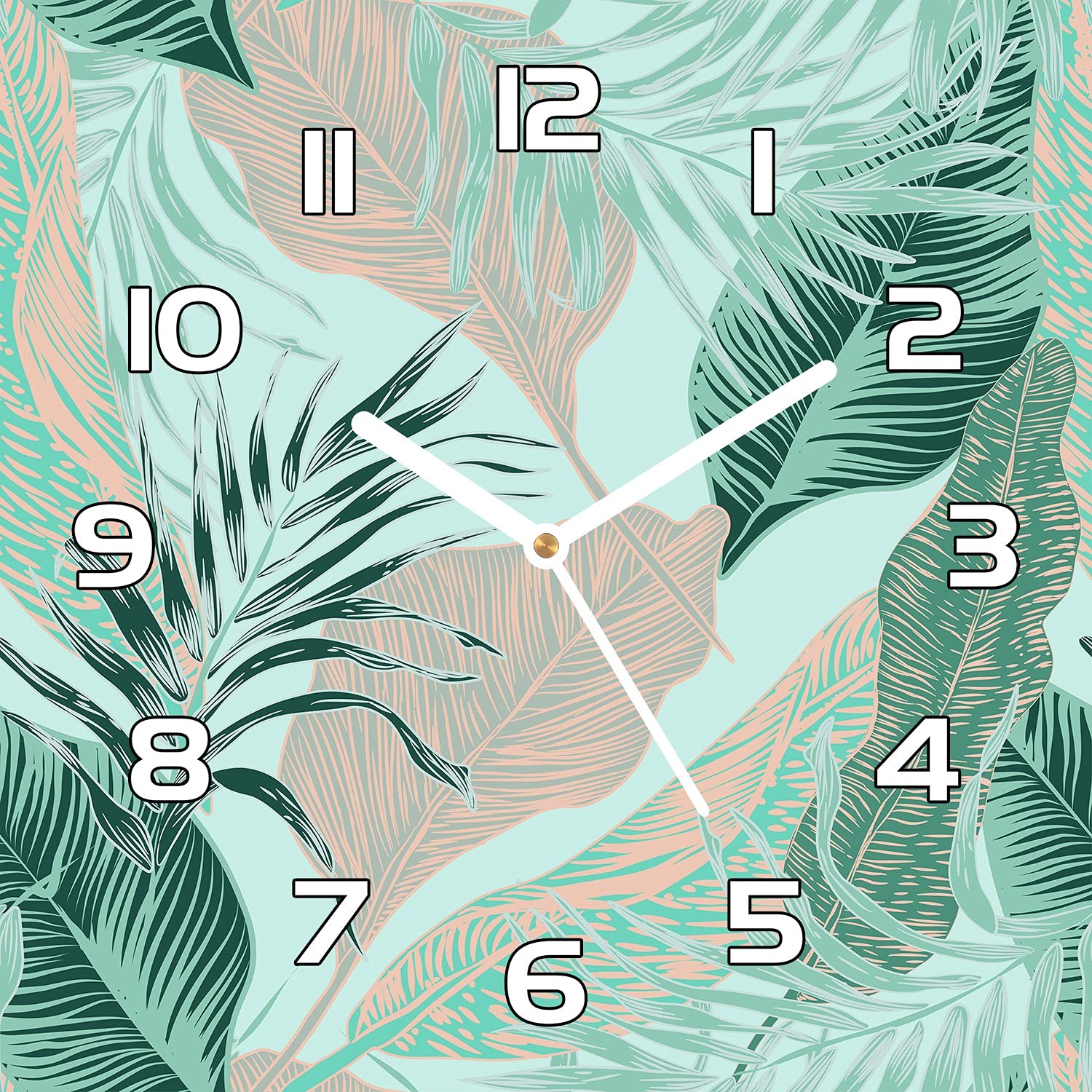 Horloge en Verre 30x30 cm Coloray avec Paumes Vertes et Aiguilles Blanches pour Cuisine