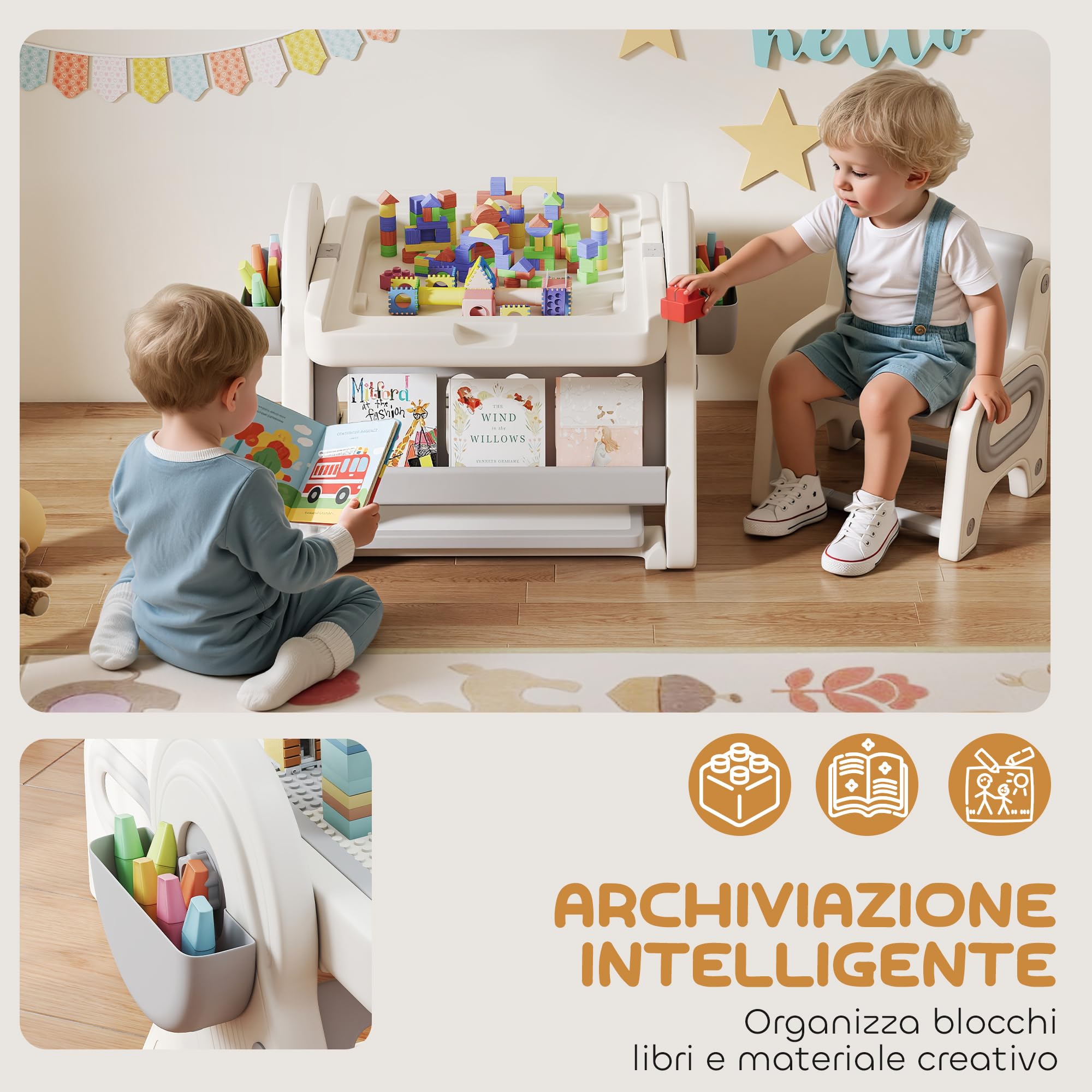 AIYAPLAY Set Tavolo e Sedia Bambini 3 in 1 con Tavolo da Costruzione | Lavagna, Cavalletto Convertibile, Contenitori, Tavolino Multiattività con Sedia in Plastica, 2-4 Anni, Cameretta