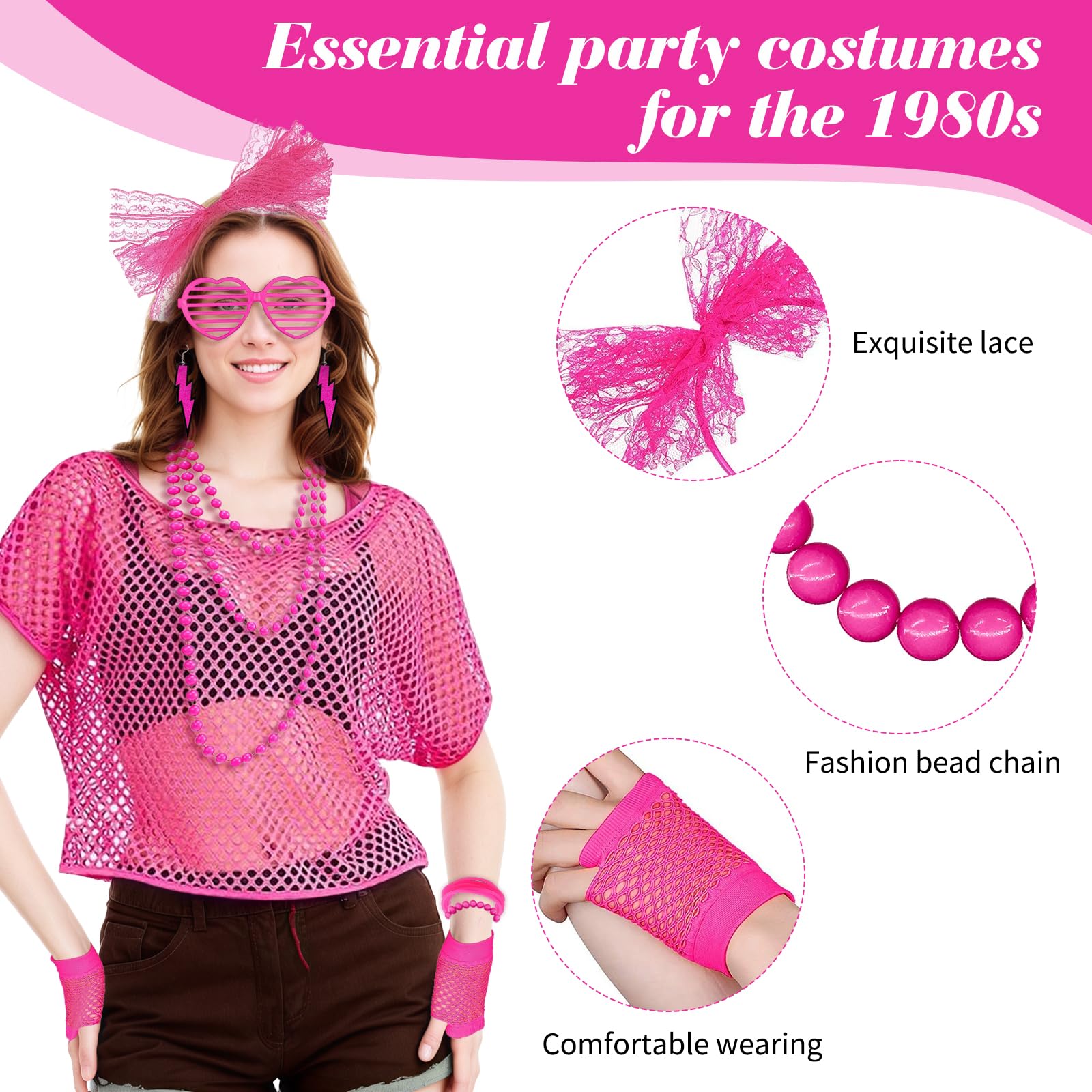 Guegine 18 PCS 80s Fancy Dress for Women, 80s Accessories for Women, Contains Glasses, Tops, Necklaces, Headbands, Gloves, Bracelets, Earrings, Bracelets, for Retro Theme Parties - Image 3