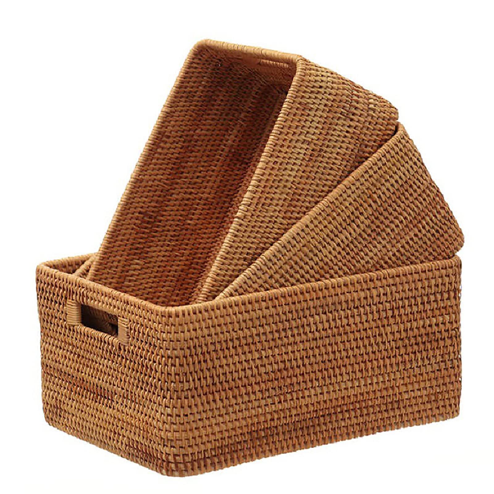 Canastas de almacenamiento de ratán, cesta de mimbre apilable con asas, contenedor organizador de estantes, para sala de estar, baño, cocina, estantes (33 x 23 x 11 cm)