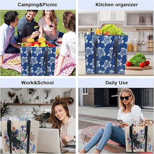 Miniatura 8 de BeeGreen Bolsa de mano extra grande con flores, paquete de 12 bolsas reutilizables con asas reforzadas y parte inferior extraíble, plegable a granel