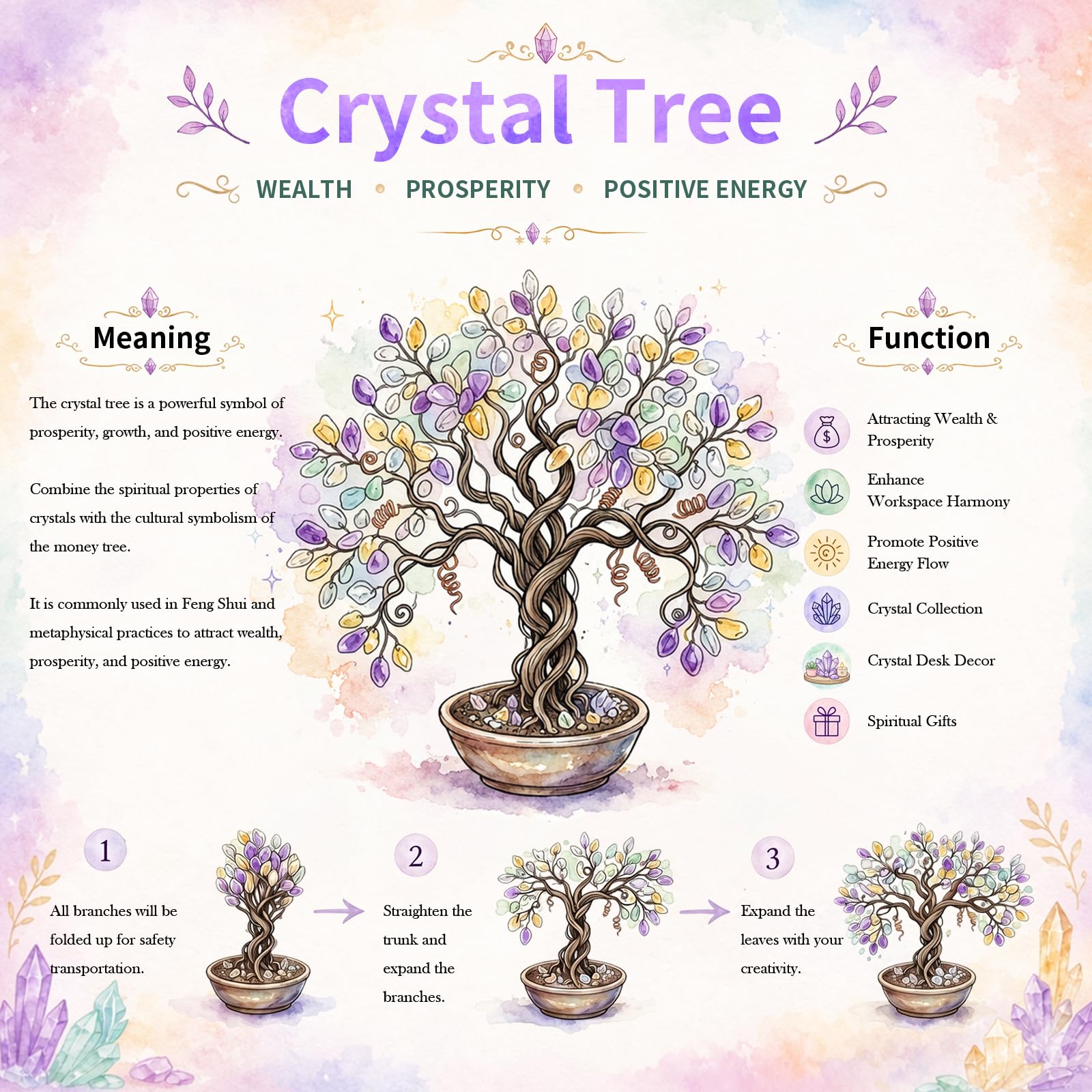 mookaitedecor Arbre en cristal de quartz et aigue-marine avec base en grappe d'améthyste