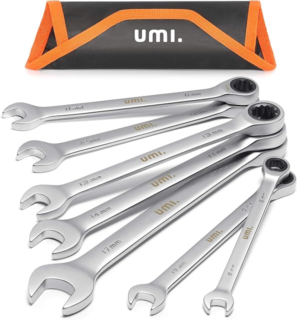 Amazon Brand Umi 7 Pieces Ratcheting Combination Wrench Set Metric 72-Teeth, 8mm, 10mm, 11mm, 12mm, 13mm, 14mm, 17mm, Ratchet Spanner Set for Home DIY Beginner Auto Mechanics, Storage Pouch
