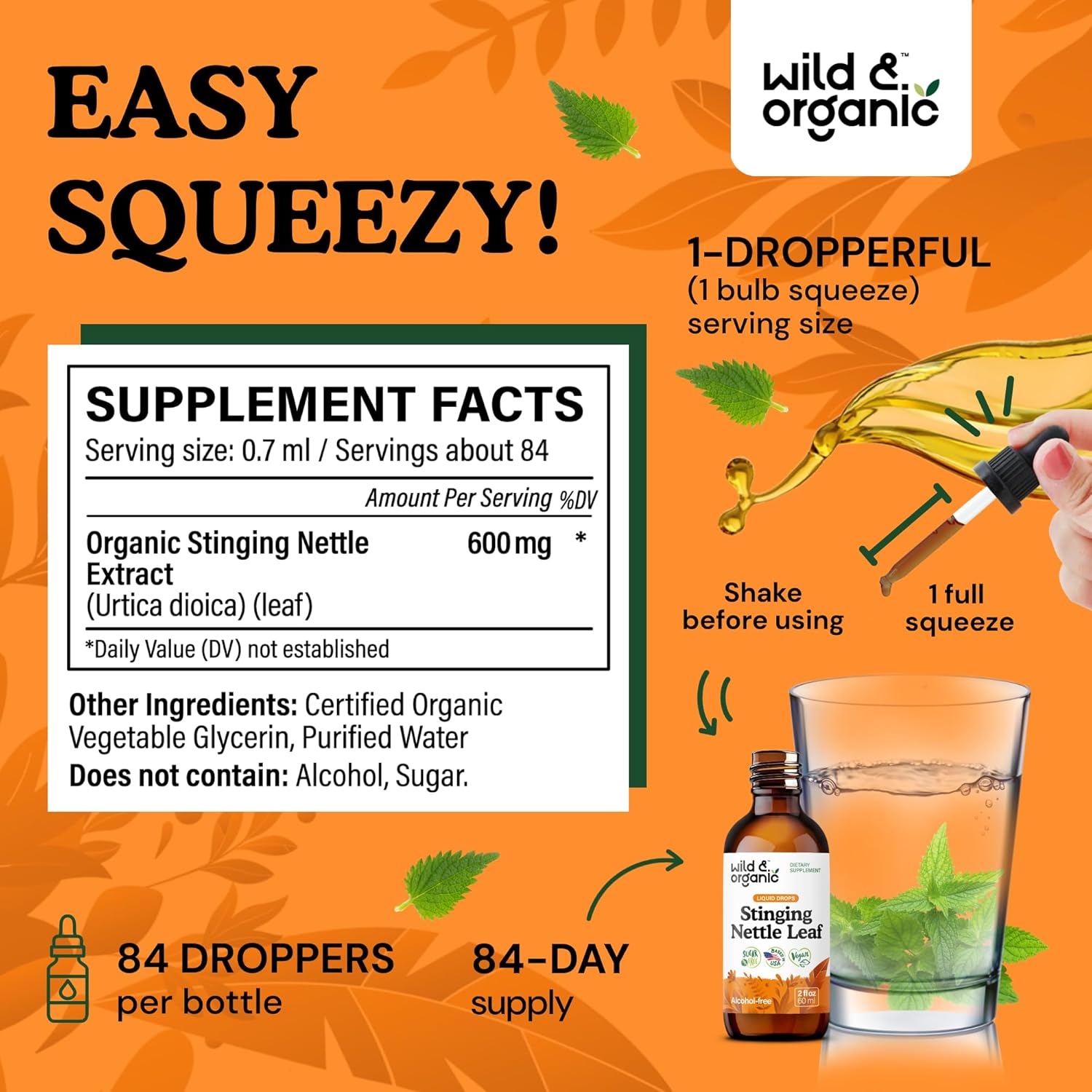 Wild & Organic Stinging Nettle Leaf Extract Drops - Urinary Tract Support - Liquid Stinging Nettle Supplement - Urtica Dioica Tincture - 2-Month Supply - Vegan, Sugar & Alcohol-Free - 2 fl oz