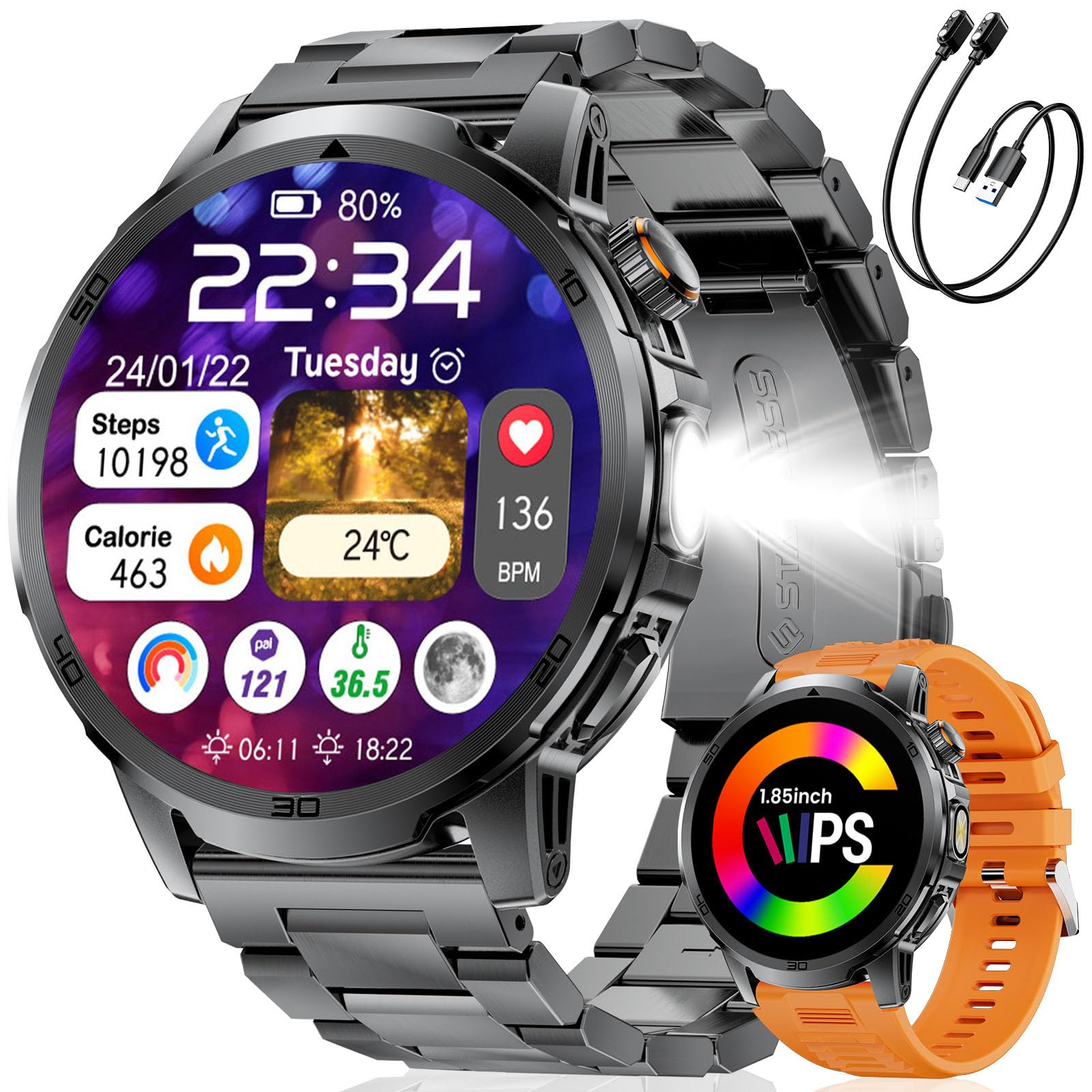 CHOOSETIME Smartwatch Herren mit Anrufe, 1000mAh Akku/LED Taschenlampe, 1,85'' HD Großer Display Fitnessuhr, 100+ Sportmodis, IP68 Wasserdicht, Herzfrequenz, Schlafmonitor für Android iOS