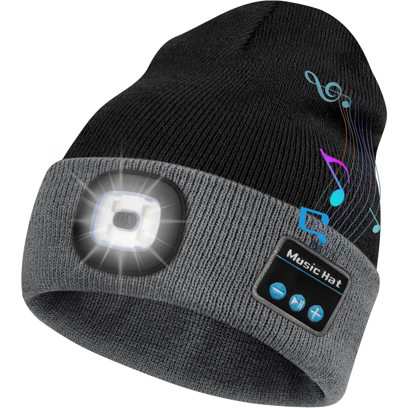 Bosttor Bluetooth Beanie Hat with Light, Headlamp Cap with Headphones and Built-in Speaker Mic, Gifts for Men Women Teen