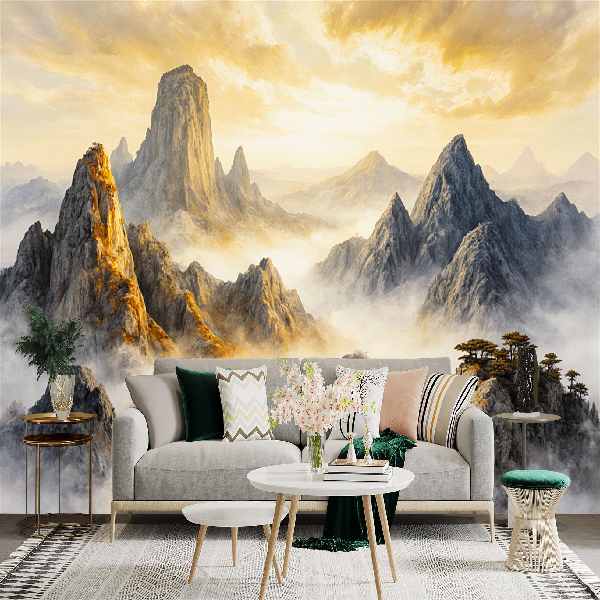 Custom Size Wall Sticker Mural， Majestic Golden Mountains in Misty Clouds， Serene Nature Landscape， Zen Peak Art， for wall Decoration， peelandstick wall Decals.