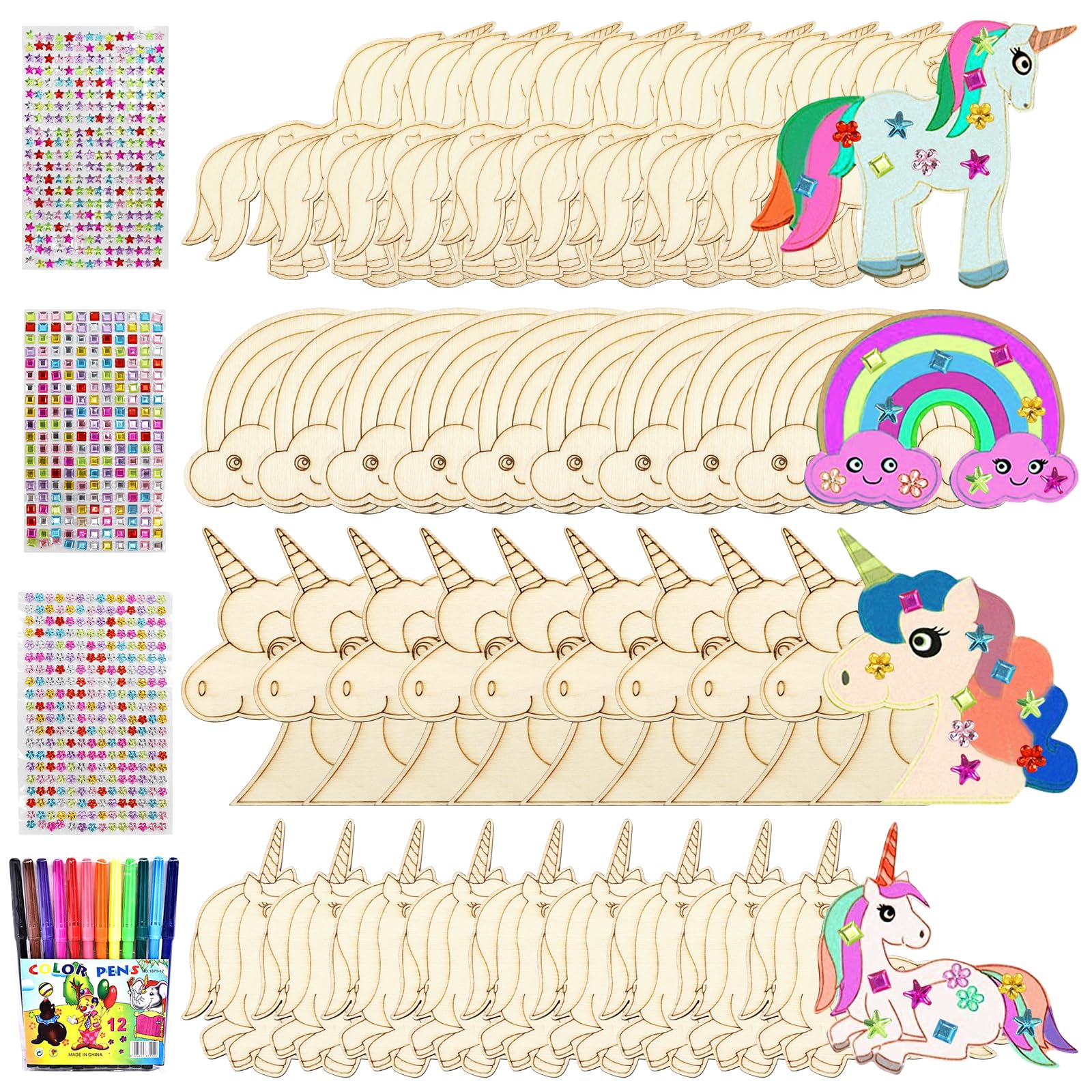 Pack of 40 Unicorn Wooden Craft Set for Painting, Children's Birthday Wooden Craft Sets for Children with 12 Watercolour Pens + 3 Gemstone Stickers (A)