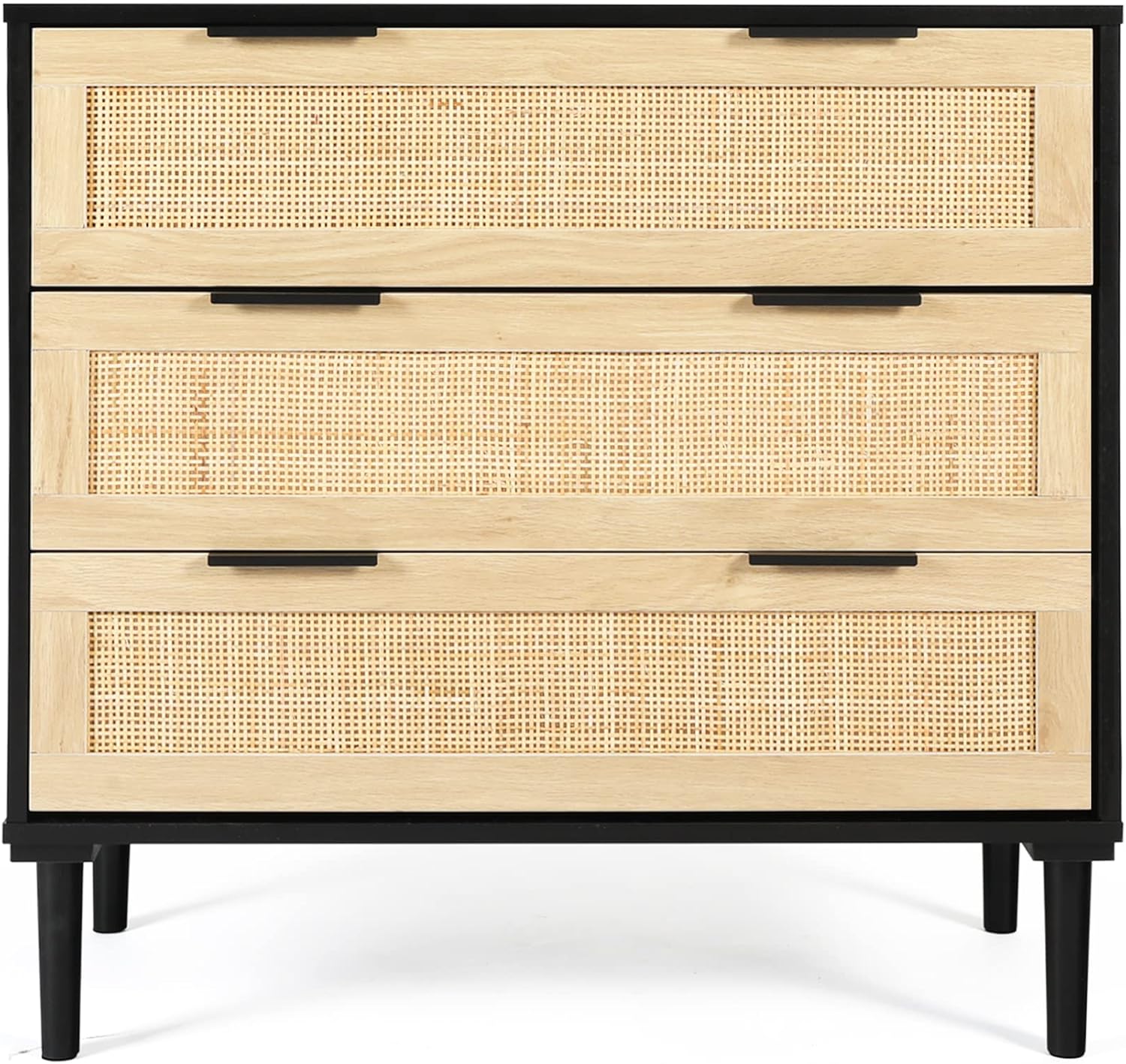 Black and Natural Wood Mid-century Modern Rattan 3-Drawer Dresser