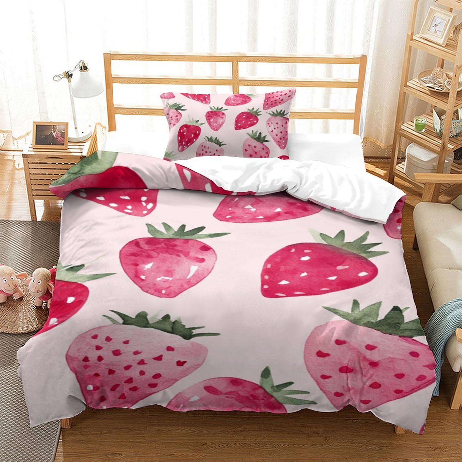 Housses de couettes fraises en microfibre douce 135x200 pour lit simple