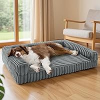 Bedsure ComfyFleece Large Orthopedic Dog Bed - Waterproof Memory Foam Pet Sofa with Bolsters, Non-Slip, Washable Corduroy Cover, Grey