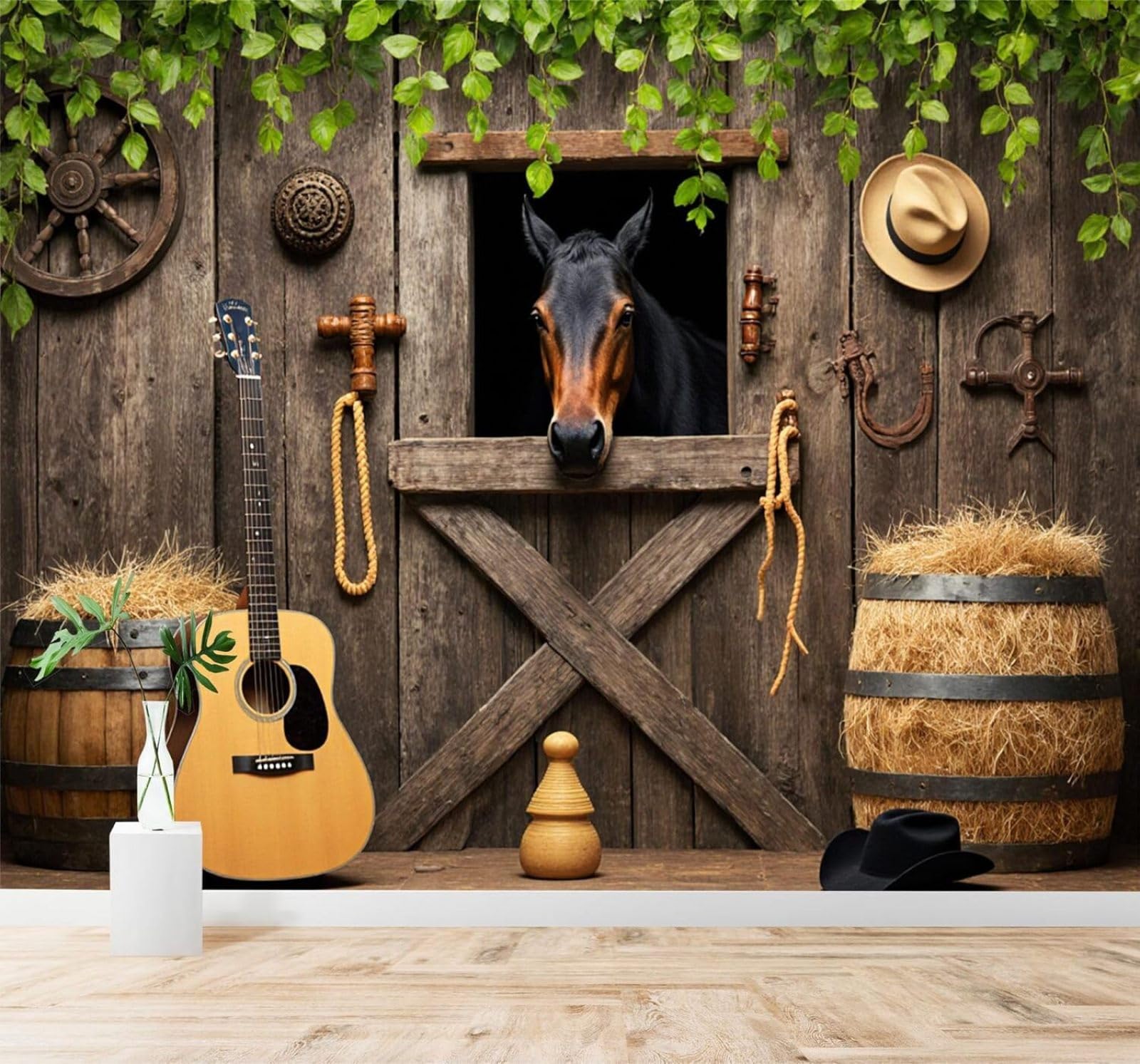 Xlming 400Cm×280Cm(B×H) Country Barn Horse Guitar Straw Bale Green Leaves 3D Wallpaper Silky Texture Home Study Office Grey Dining Room Sofa Bedroom Living Room Tv Backdrop-400Cm×280Cm