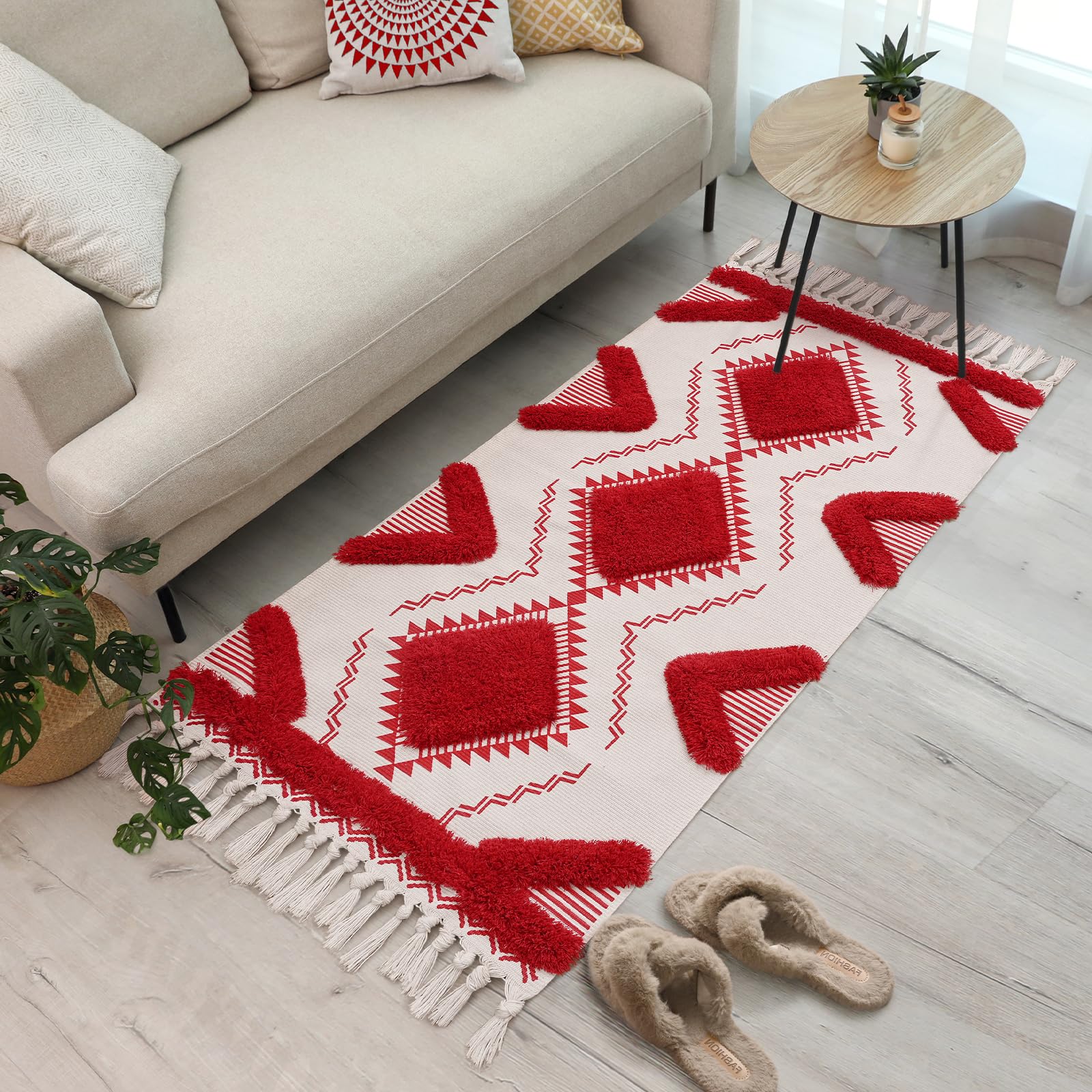 KeekoRunner Rug, 2x4ft Tufted Geometric Rug, Hand Woven Rug Runner with Tassle for Living Room, Bedroom, Washable Front Door Rug, Entry Rug, Hallway Rug, Farmhouse Throw Rugs, Red
