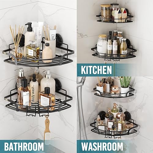 Miniatura 2 de TAILI Organizador esquinero de ducha de 2 unidades, estantes de ducha con ventosa con ganchos resistentes, organizador de ducha de acero inoxidable