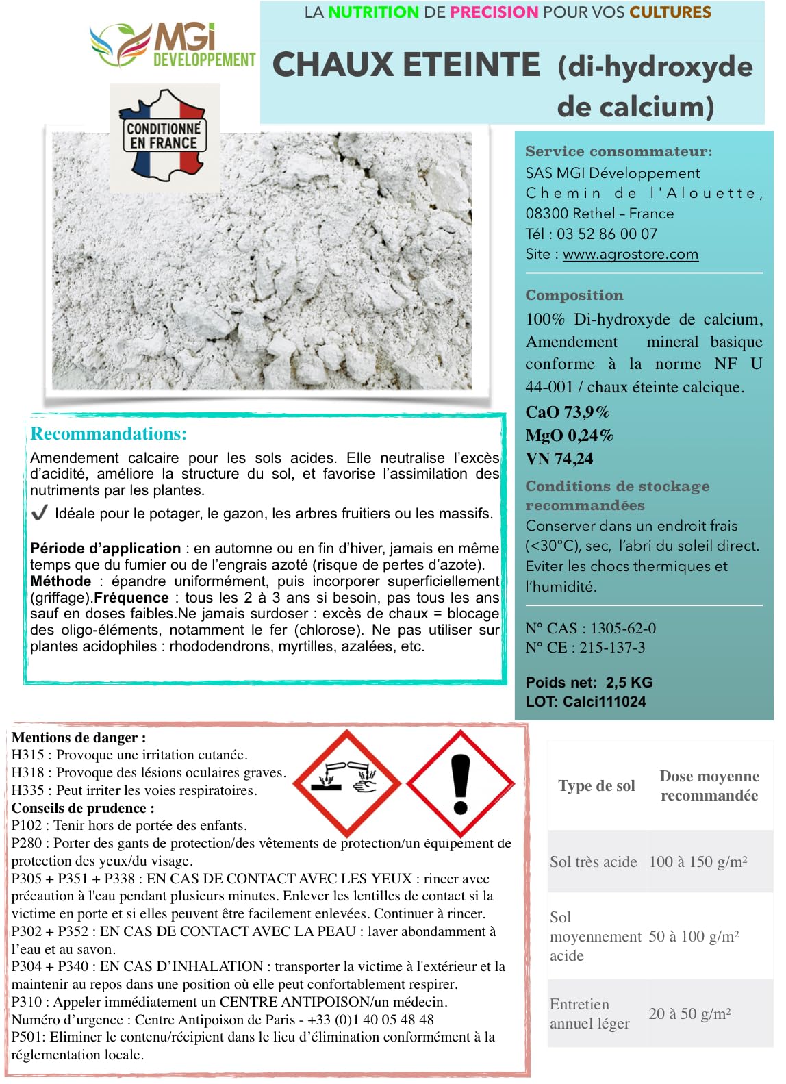 Chaux éteinte - Di-hydroxyde de calcium - Amendement minéral basique - Amendement Calcaire - Corrige l’Acidité du Sol - (2,5 kg)