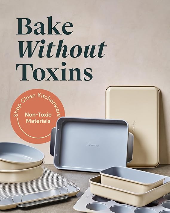 Caraway Nonstick Ceramic Bakeware Set (11 Pieces) - Baking Sheets, Assorted Baking Pans, Cooling Rack, Storage - Aluminized Steel Body - Non Toxic, PTFE & PFOA Free - Cream