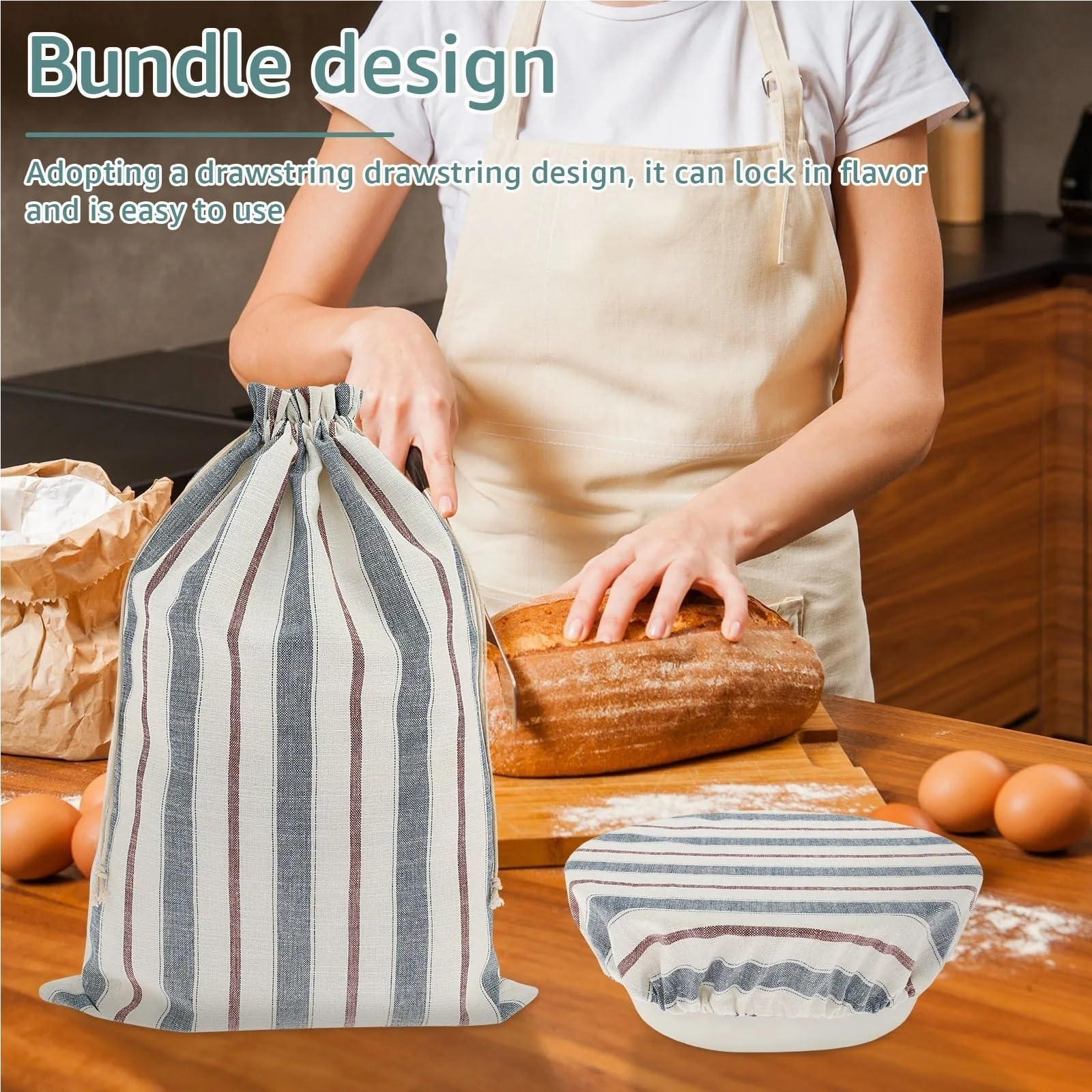 Bolsa para Pan Bolsa de Pan de Lino con Cubierta de Cuenco y cordón, Bolsa de Pan casera Reutilizable Lavable for Prueba de Pan, Frutos Secos, Aperitivos, 4 Uds.(Beige)