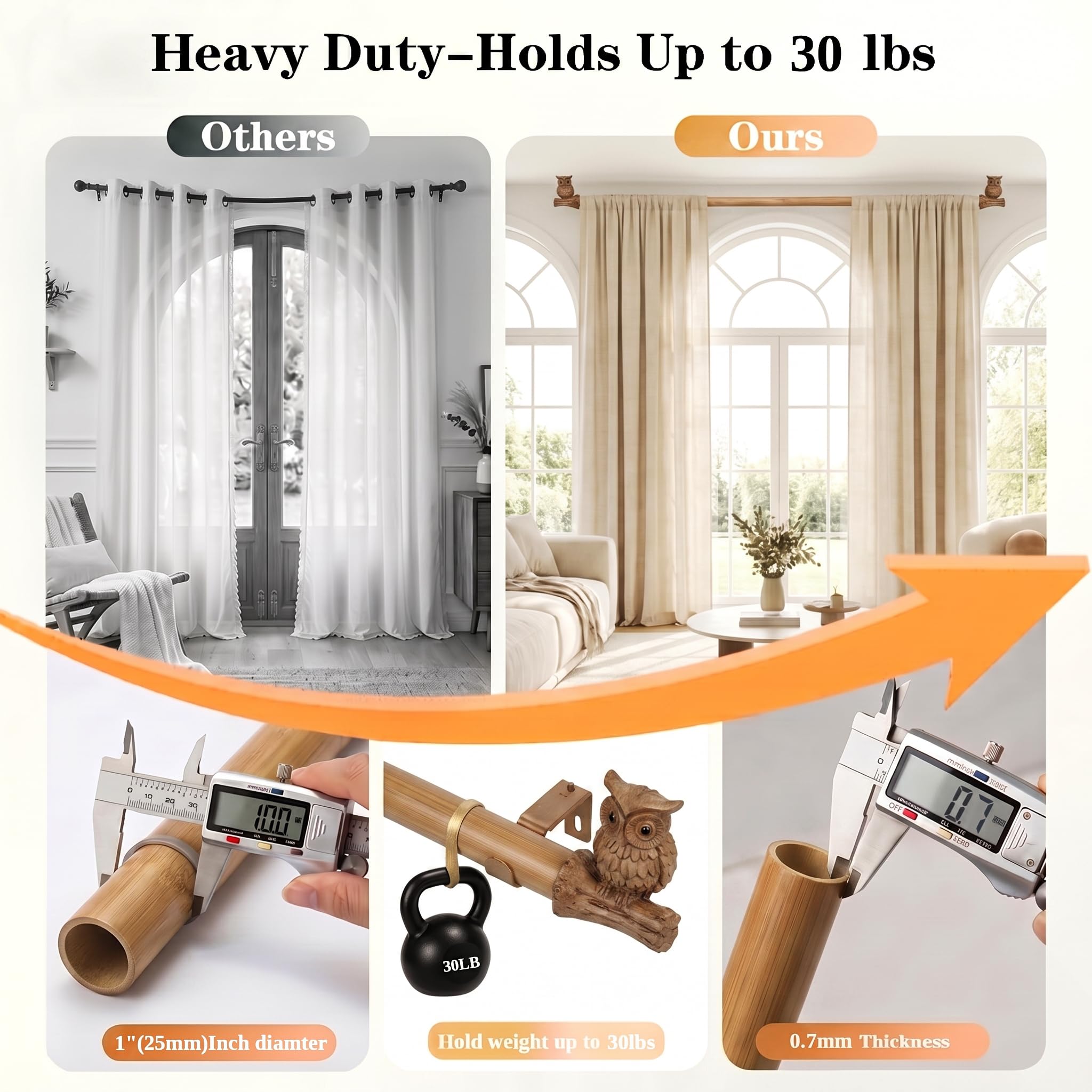 Tringle à Rideau Aspect Bois avec Embout Hibou, extra longue réglable 76-381cm tringle Métal pour portes coulissantes terrasse baie vitrée salon chambre fenêtres, 25mm, supporte 13,6 kg