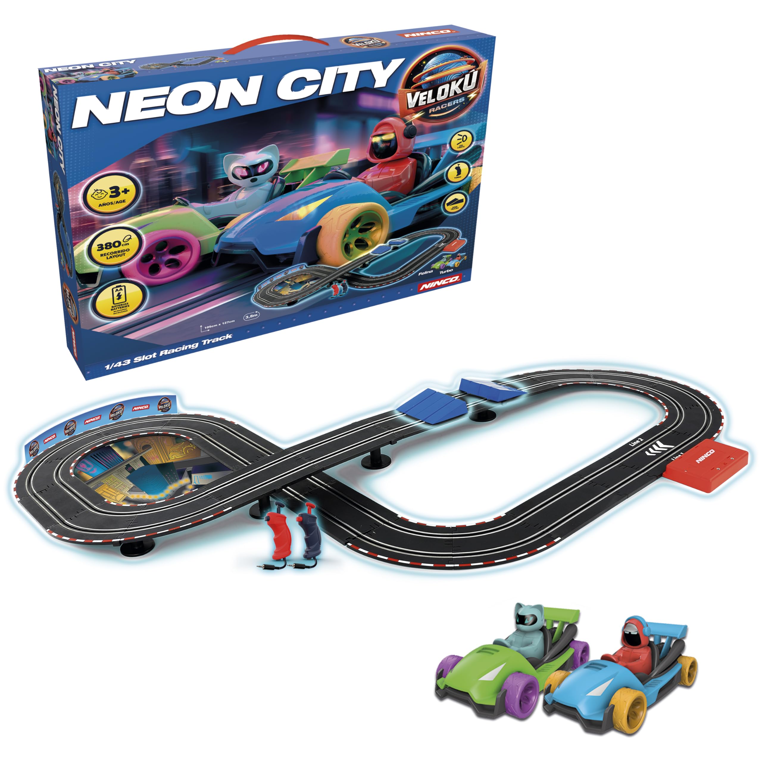 Ninco - Circuito de Slot | Velokú Racers City, Circuito de Coches Infantil con 380 cm de Recorrido, Divertidos vehículos con Luces y 2 Personajes, Diseñado para niños a Partir de 3 años (91021)