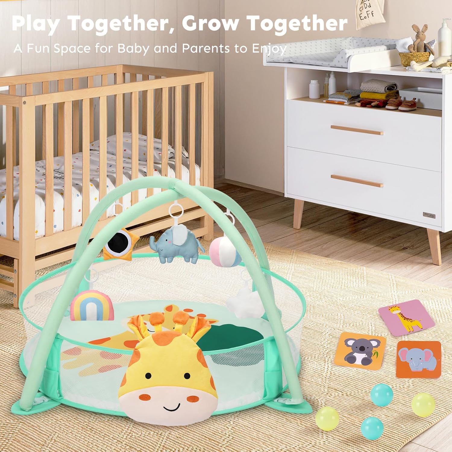 7-in-1 XL Large Baby Play Gym Mat, Tummy Time Mat, Baby Gym & Ball Pit, Baby Activity Mat with Milestone Cards & 6 Detachable Toys for Sensory Motor Skill, Giraffe