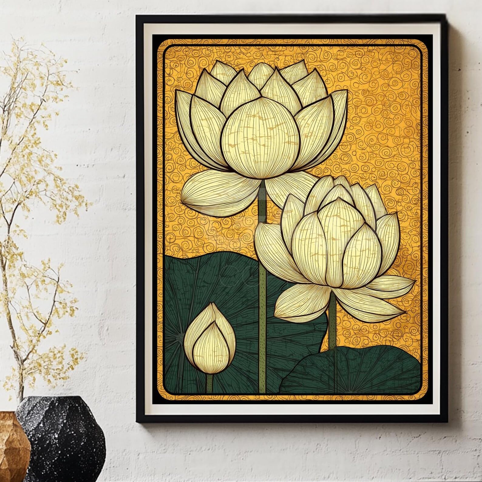 TONGYINLI Japońska grafika Ukiyo-e Lotus, dzieło sztuki inspirowane japońską kulturą Zen, malarstwo botaniczne, ilustracja kwiatowa na płótnie (20 x 30 cm/rama wewnętrzna)