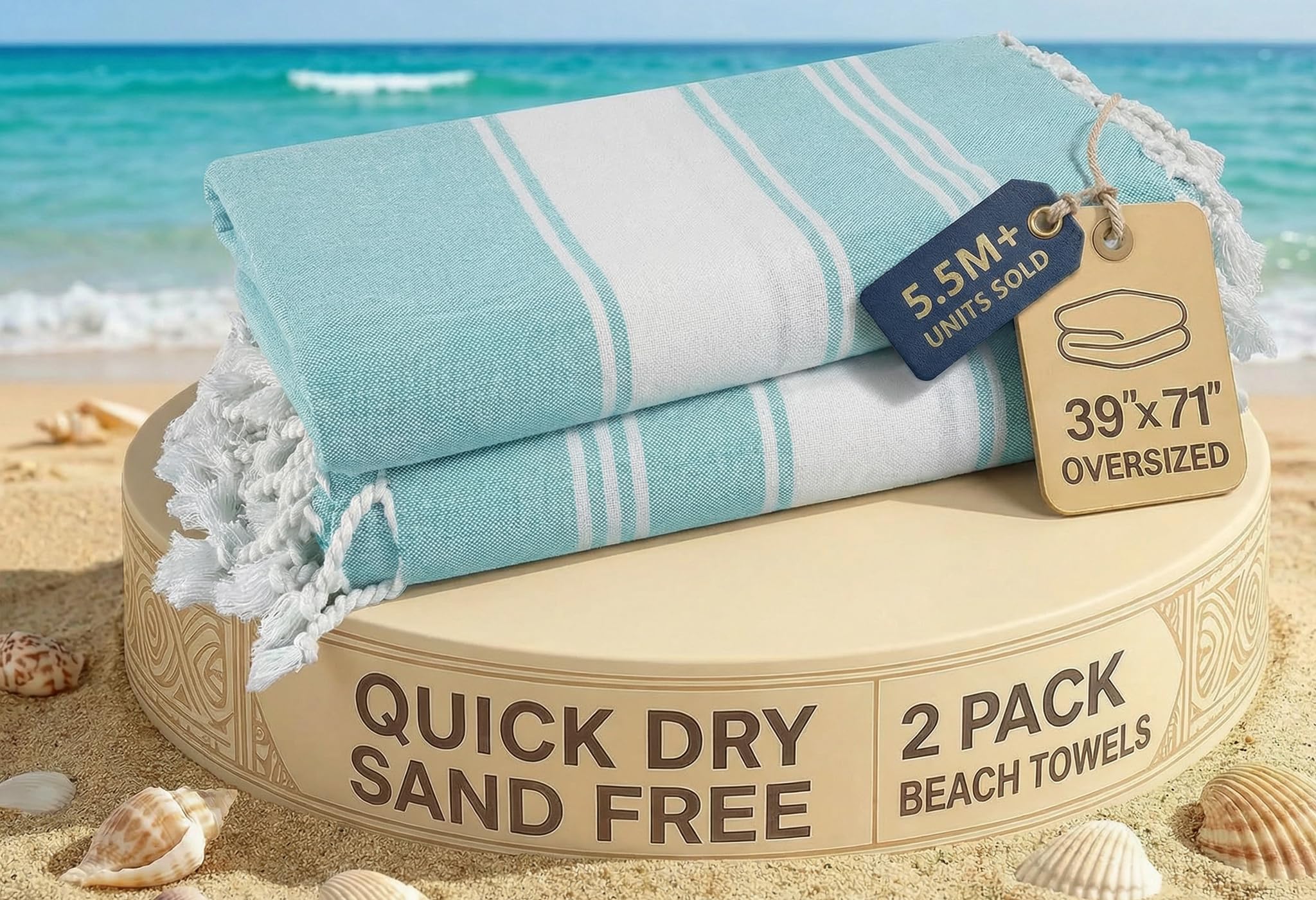 LANE LINEN Turkish Beach Towel with Beach Bag, 2 Pack Beach Towels Oversized, 39"x71", Pool Towel, Oversized, Highly Absorbent, Sand Free Extra Large Beach, Quick Dry Towel, Beach Essentials - Aqua