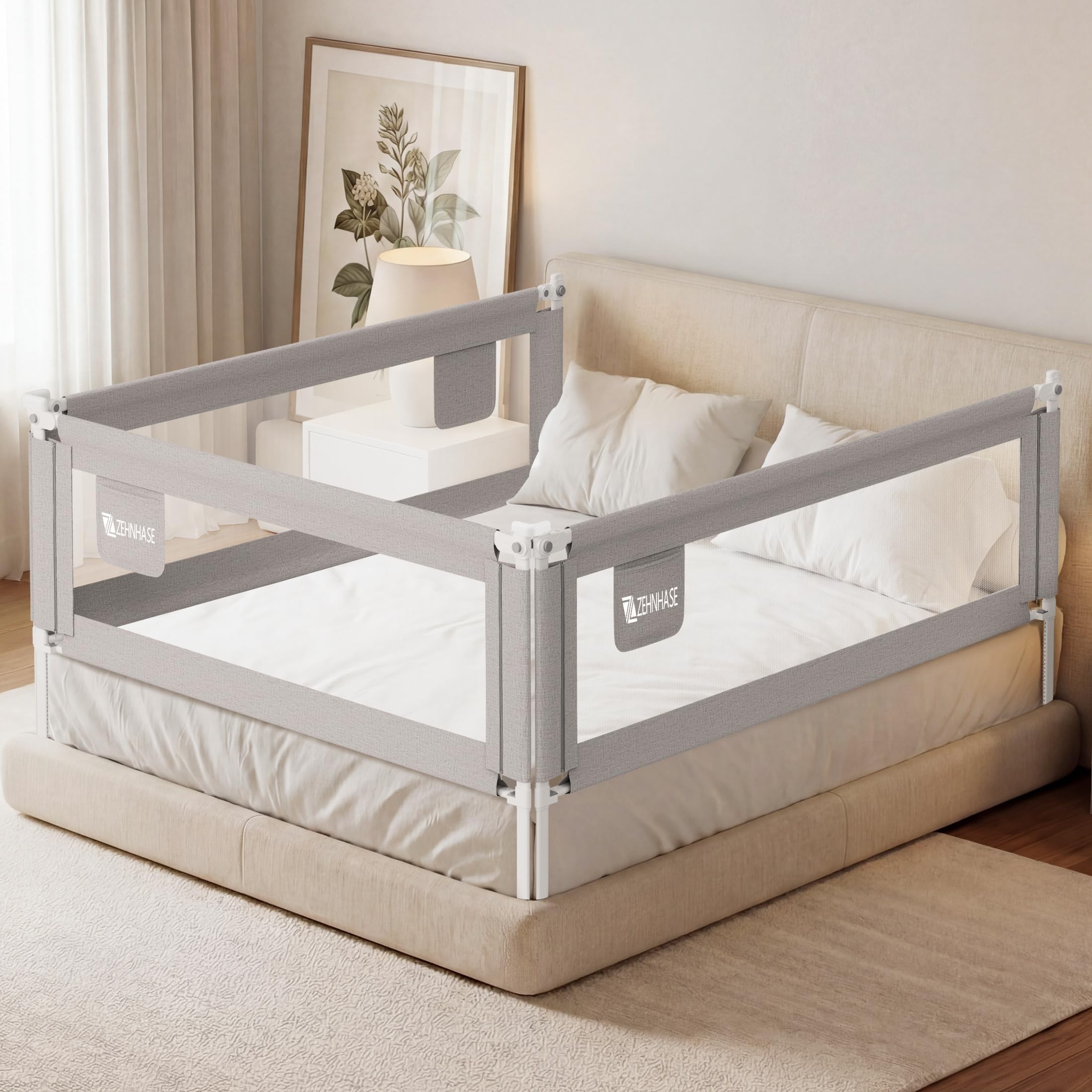 Baby Bed Rail Fall Protection Bed 1 Side (150 cm, Grey) | Vertical one-handed lifting, no gap to the mattress, height adjustable, with practical side pocket, for babies and children