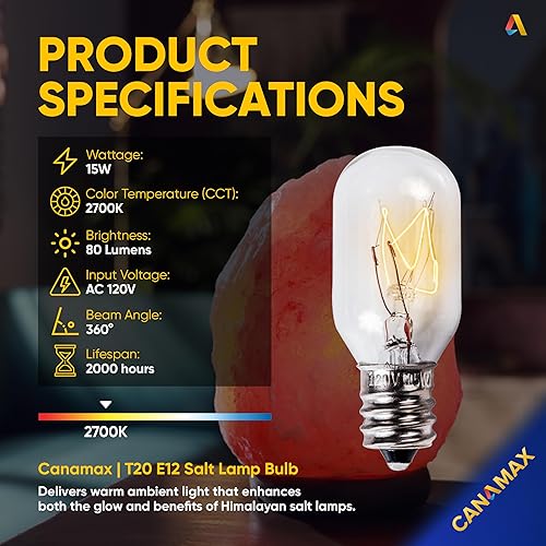 Miniatura 3 de Canamax T20 E12 - Bombilla de sal de 120 V 15 W, luz blanca cálida 2700 K, 80 lm, base de candelabro E12, compatible con lámparas y cestas de roca