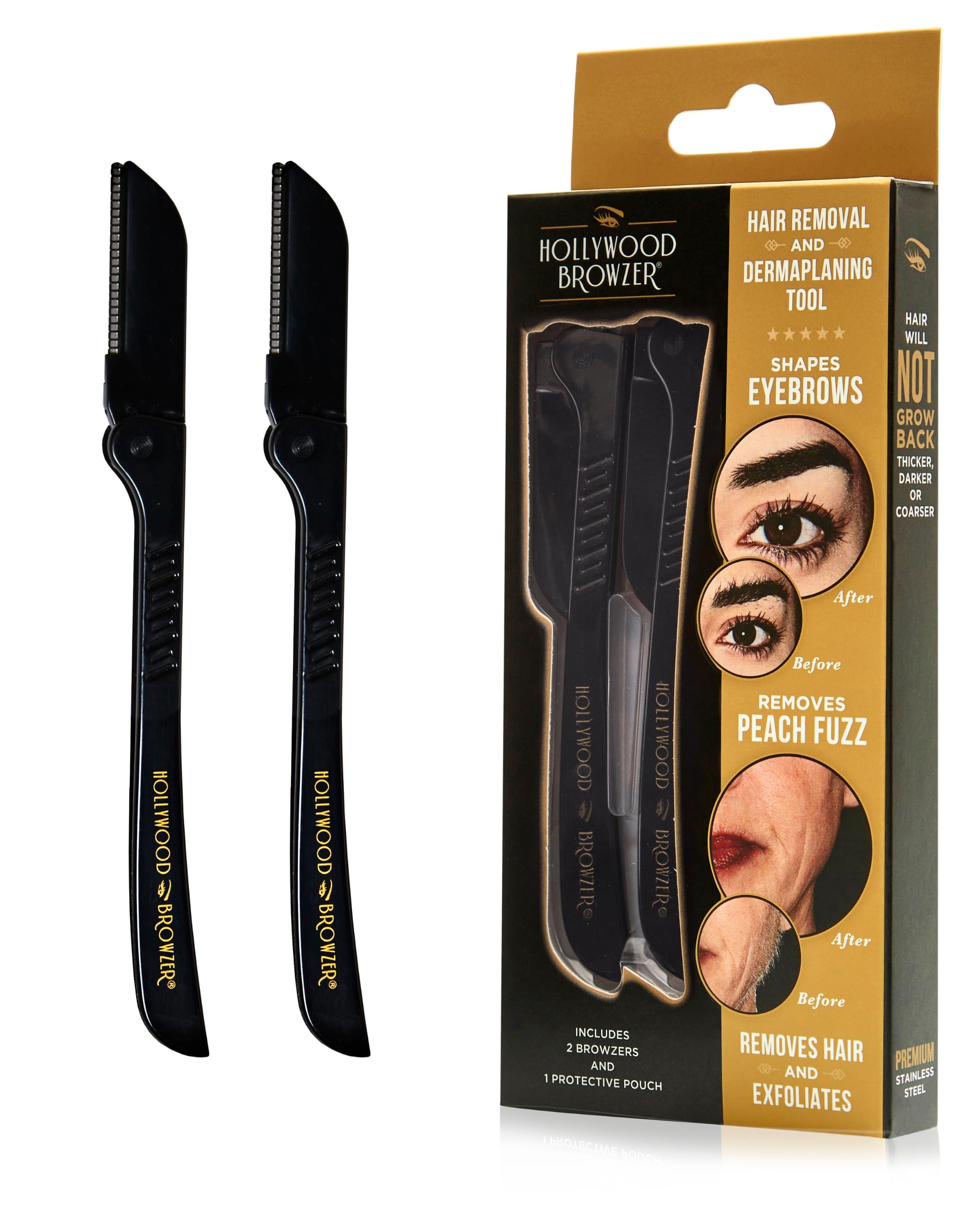 Hollywood Browzer Set da 2 Rasoi per Dermaplaning Viso Donna, Rimuove Peli e Cellule Morte Senza Dolore, Viso e Corpo, Lama in Acciaio Inox, Custodia Protettiva inclusa (Duo Nero)
