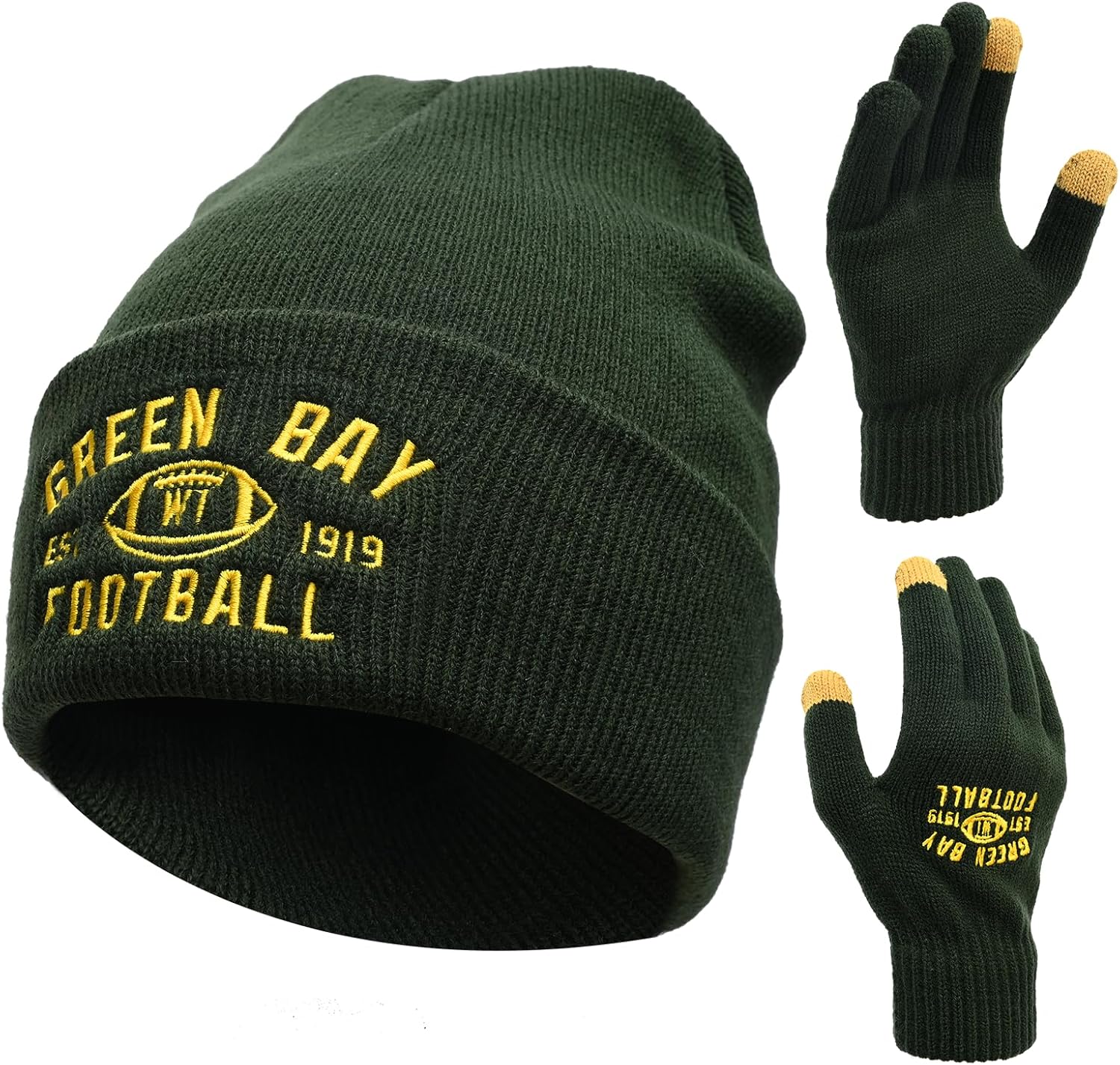 Vintage Classic Skull Cap Embroidery Beanie Fasion Hat Cuffed Winter Hat Knit Comes with Warm Gloves Gifts for Men Women Fans Green Bay