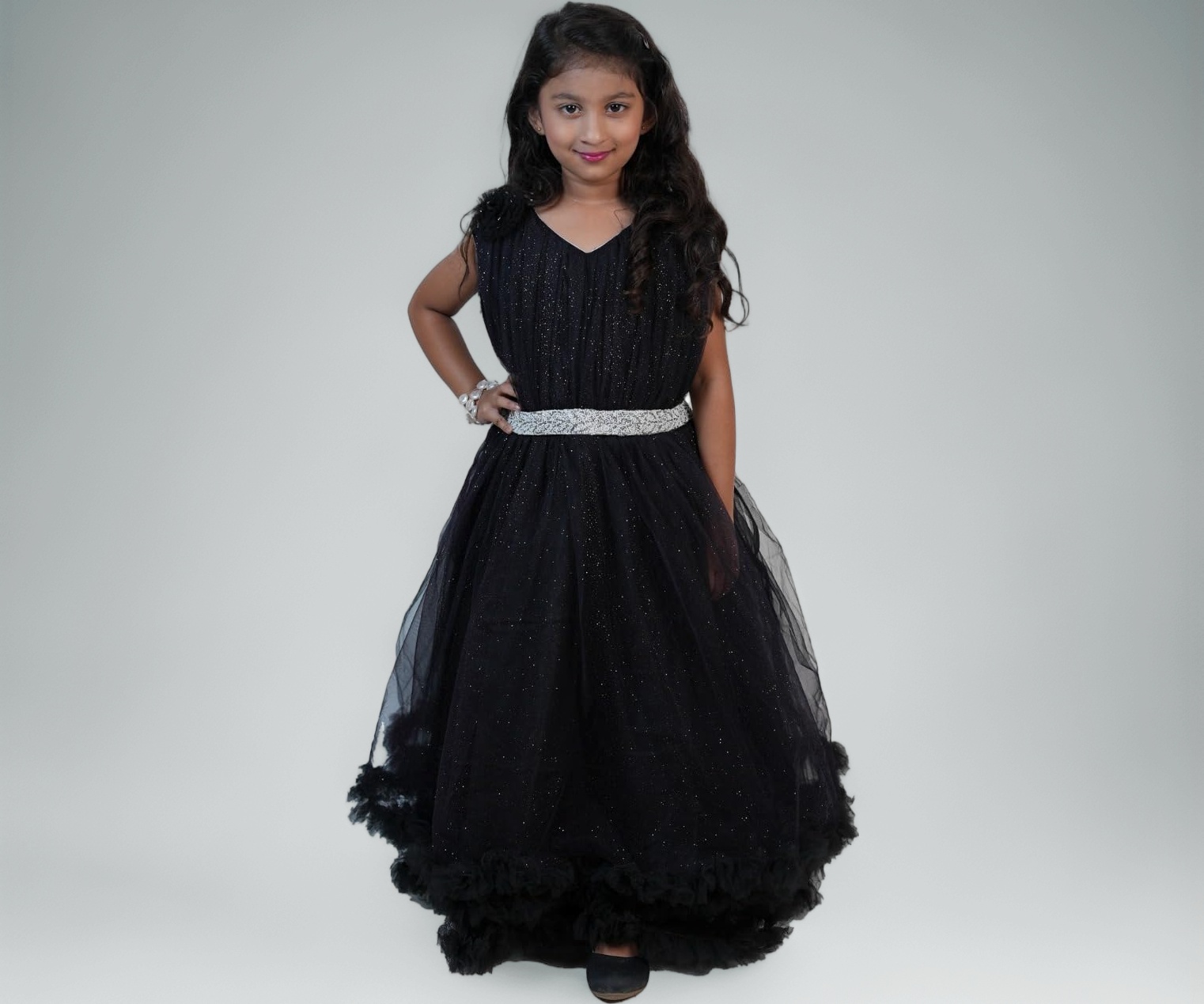 girl's glitter tulle ruffle hem dress reviews Buy Vagmi Girls Sparkly Black Party Gown, V-Neck Ball with Silver Belt, Ruffled at OPICONS SIZ:38 65% polyester fiber Verona Sheer Mesh Top