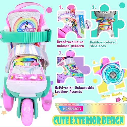 Miniatura 25 de 4-Pejiijar Rainbow Unicorn - Patines de ruedas para niñas de 2 a 4 años, 5-8, 8 a 12, zapatos de ruedas ajustables con ruedas luminosas para regalos