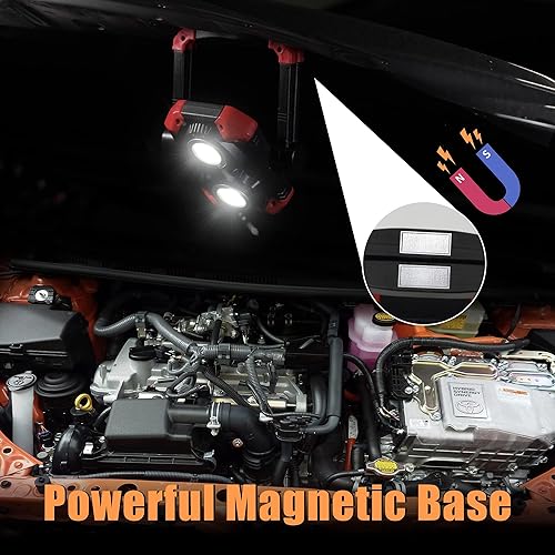 Vista 9 de Yzoni Luz de trabajo LED recargable, 2 COB 2500LM plegable luz de inundación portátil con base magnética y soporte de rotación de 360°, focos