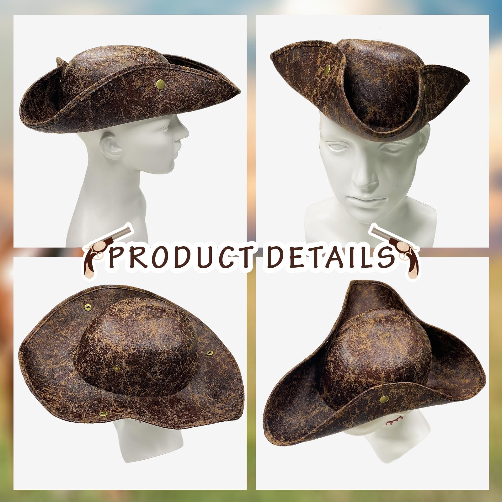 EUPSIIU 1 Pcs Pirate Hat, Tricorn Hat Halloween Captain Costume Accessory, Medieval Ancient Colonial Style Pirates Cap - Image 3