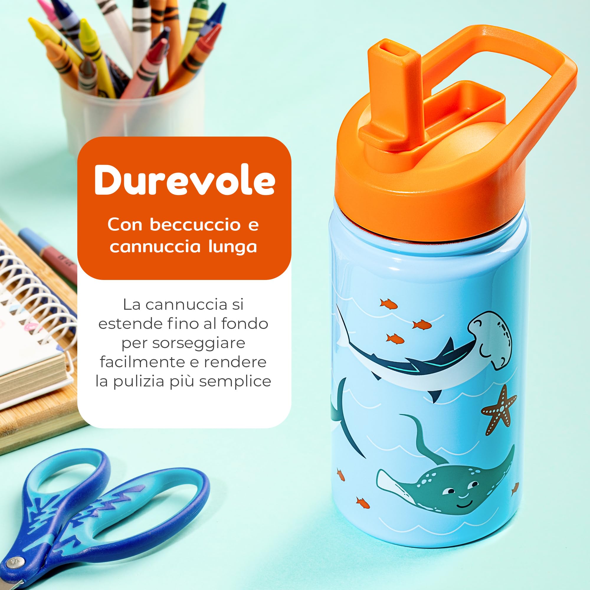 BOZ Borraccia Bambini con Cannuccia e Tappo Antiperdita da 400 ml, Borraccia Termica con Cannuccia Bambini, Lavabile in Lavastoviglie, Plastica Priva di BPA, Stampa Antigraffio (Fantasia Squali)