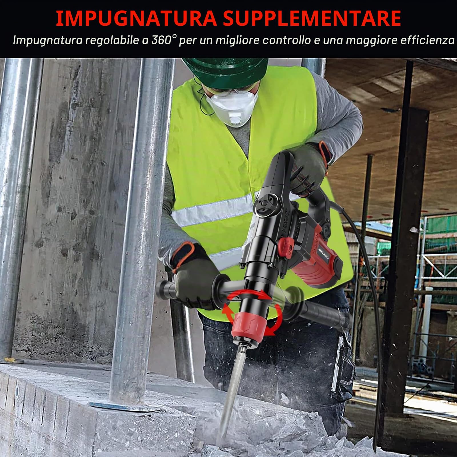 Martello Perforatore SDS Plus con Filo 1300W 6J, 4 in 1 Trapano a Percussione Cablato, 6 Velocità 4000RPM, Frizione di Sicurezza e Maniglia Antivibrante, Perfora Cemento e Mattoni Senza Sforzo